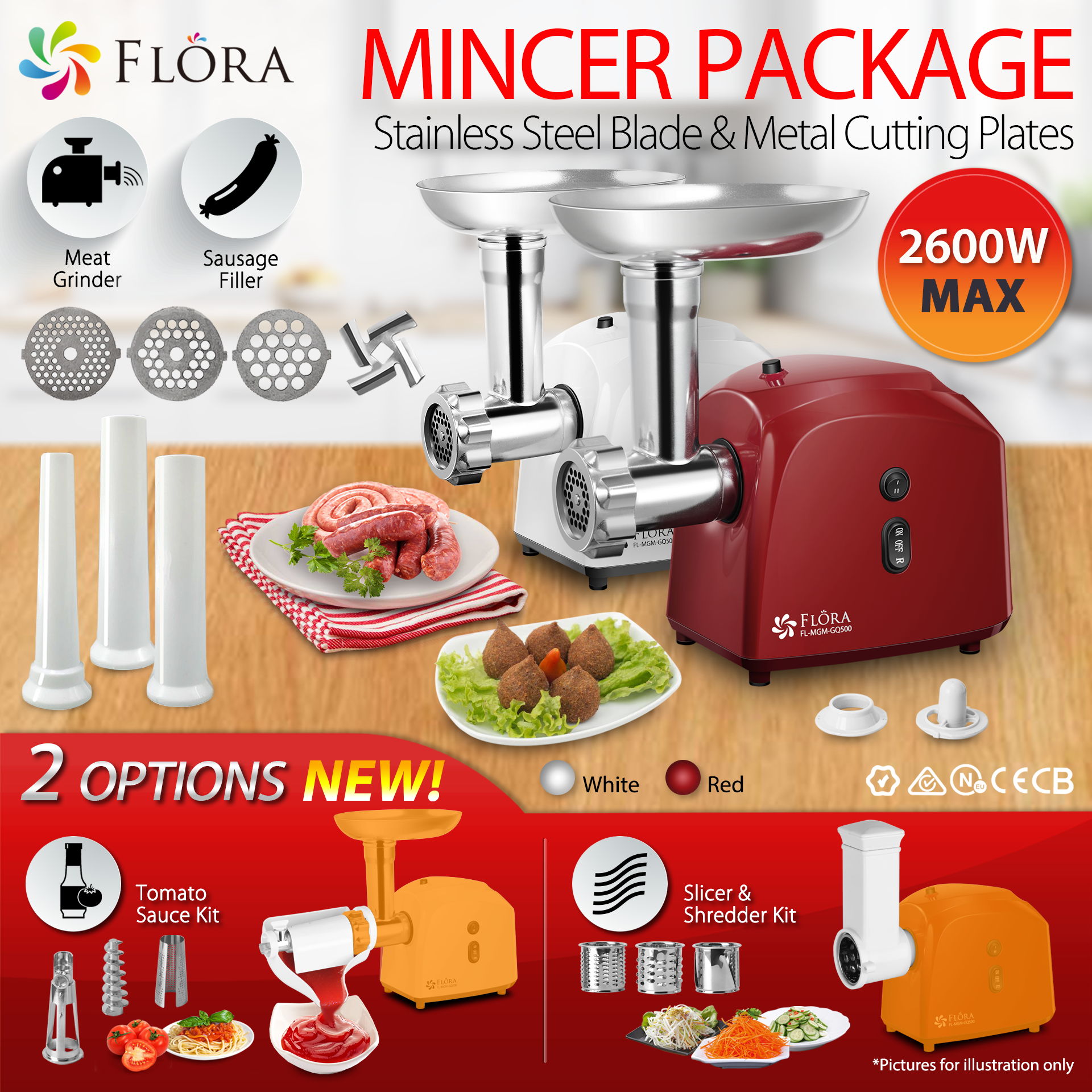 Flora Electric Meat Grinder Tomato Sauce Slicer Shredder PACKAGE