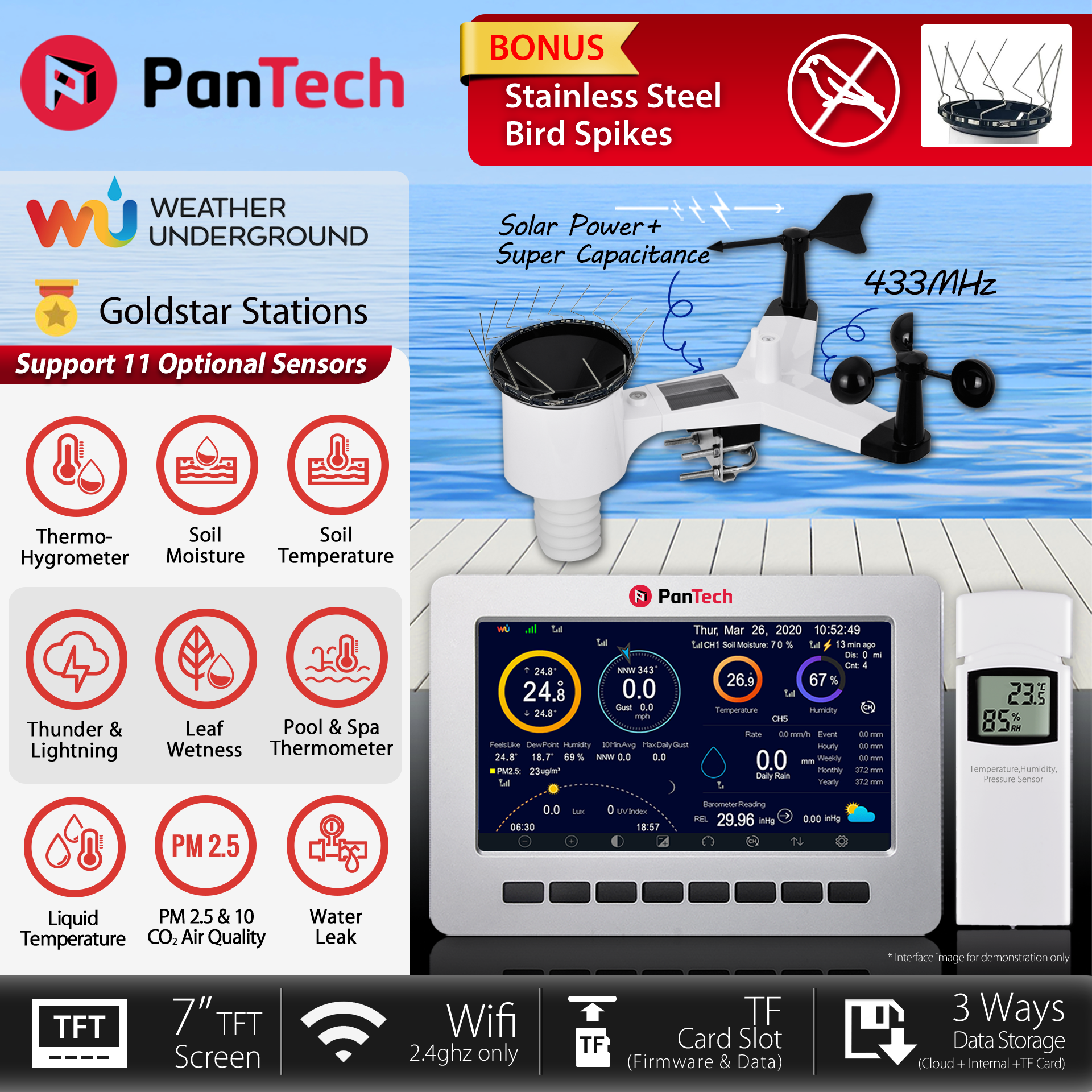 PanTech Wifi Weather Station Wireless Australia-Gen 5 IoT- TFT LCD Wireless Professional PT-HP2550-AU STOCK