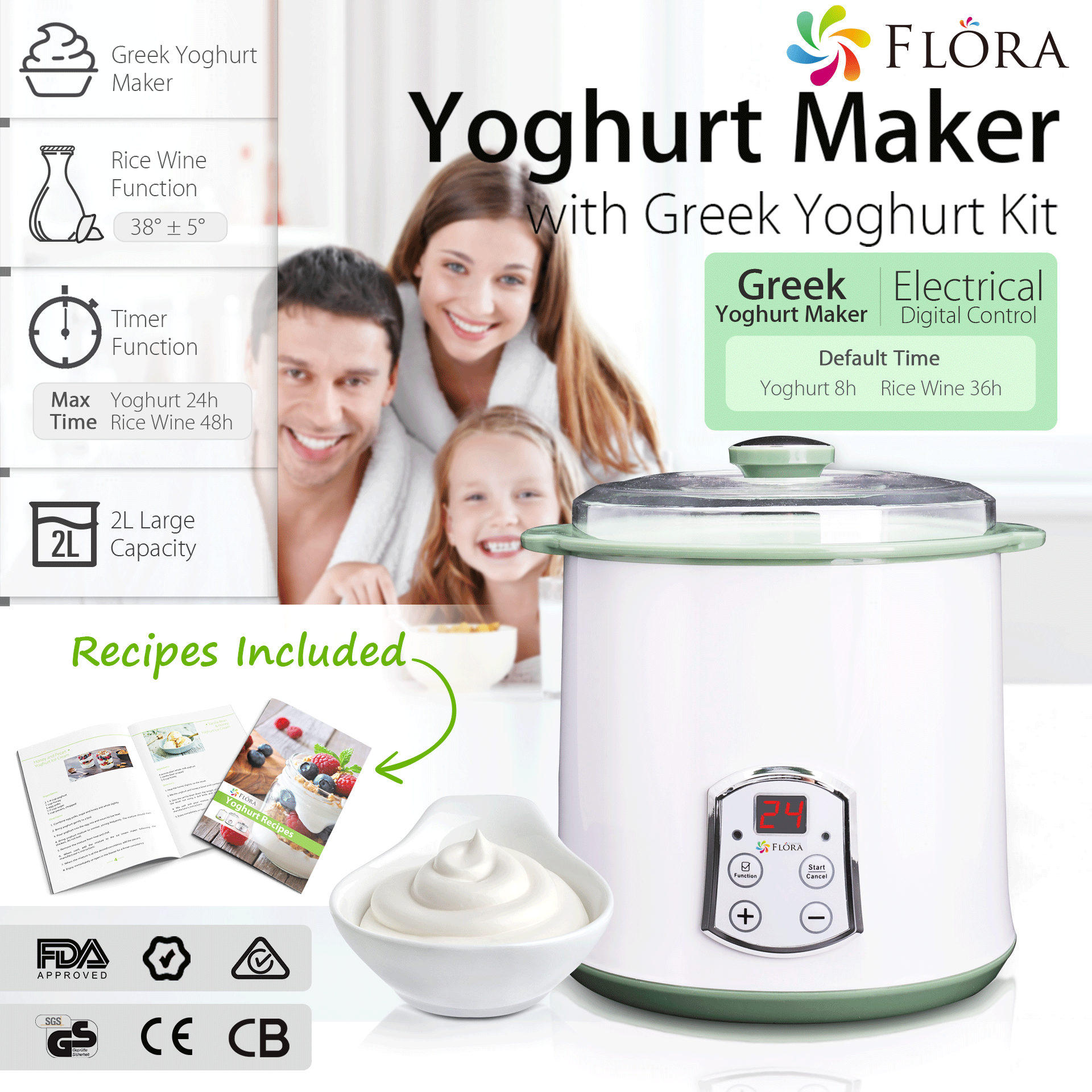 Flora Yoghurt Machine-Yogurt Maker Machine with 2L Capacity Jar-Electric Automatic- -Home Made Yoghurt Strainer-Fermented Curd Maker-Kitchen Tool for Rice Wine DIY Food Grade-FL-YME-120