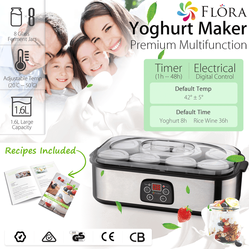 Flora Yoghurt Maker Machine Automatic Digital Yoghurt Maker with 8 Glass Jars LCD Display with Constant Temperature Control Stainless Steel Design for Home Use - AU Stock