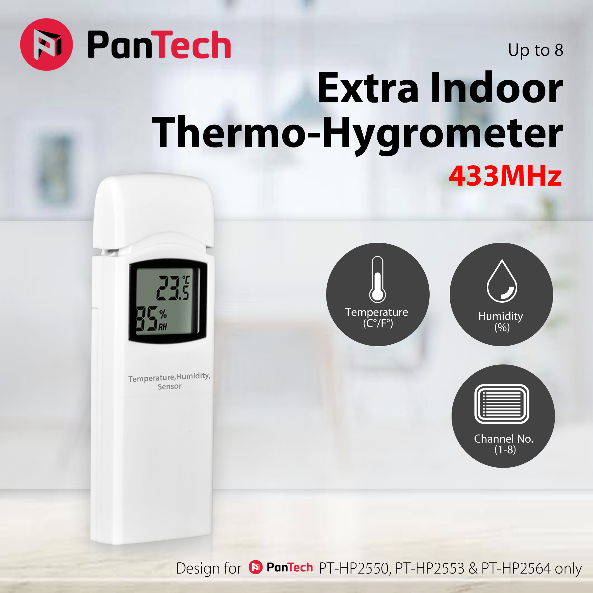 PanTech Indoor Thermo-Hygrometer design for PanTech Weather Station PT-HP2550/HP2553/HP2564 and WS-3900 with Display-433MHz - AU STOCK