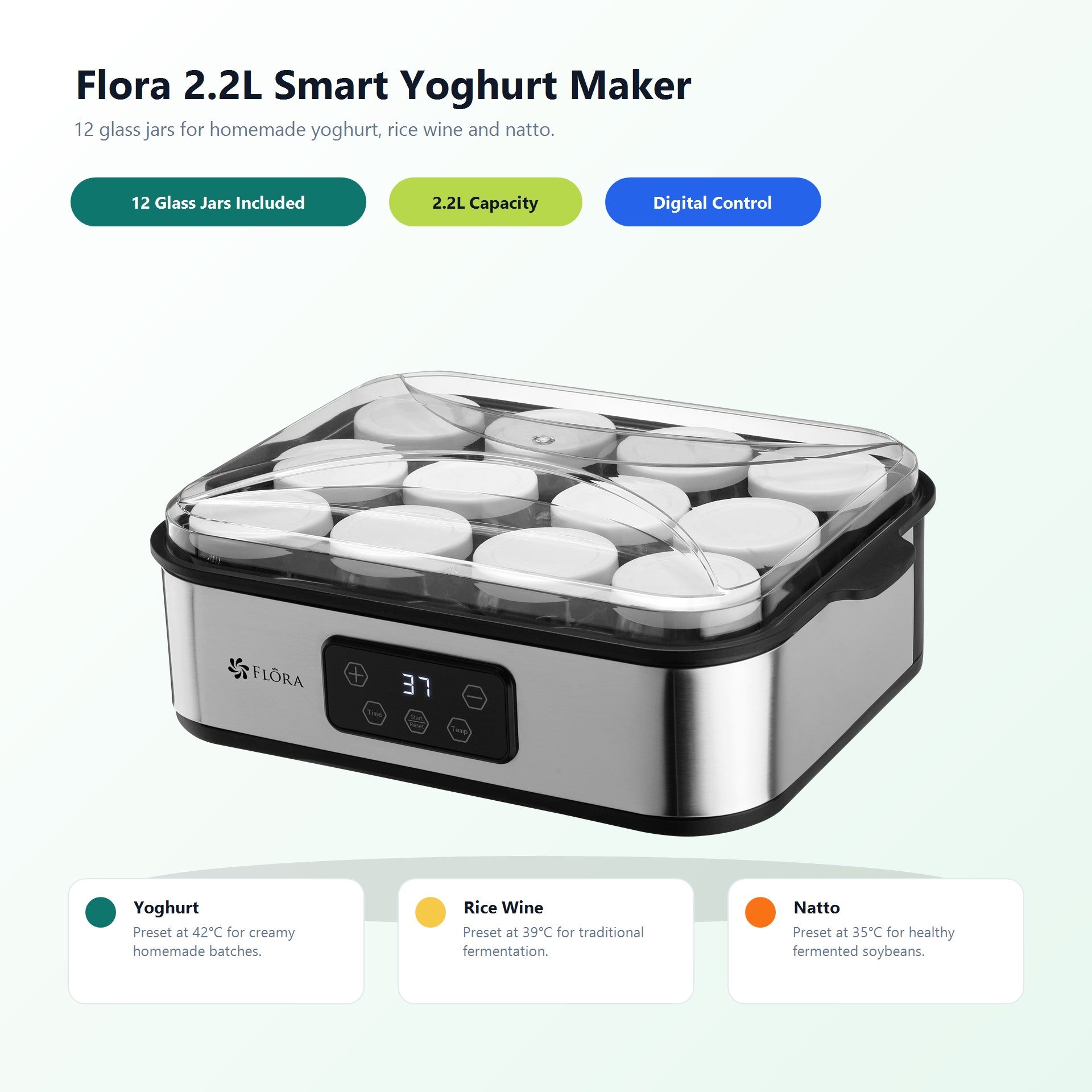 Flora 2.2L Smart Yoghurt Maker with digital control on a light gray background