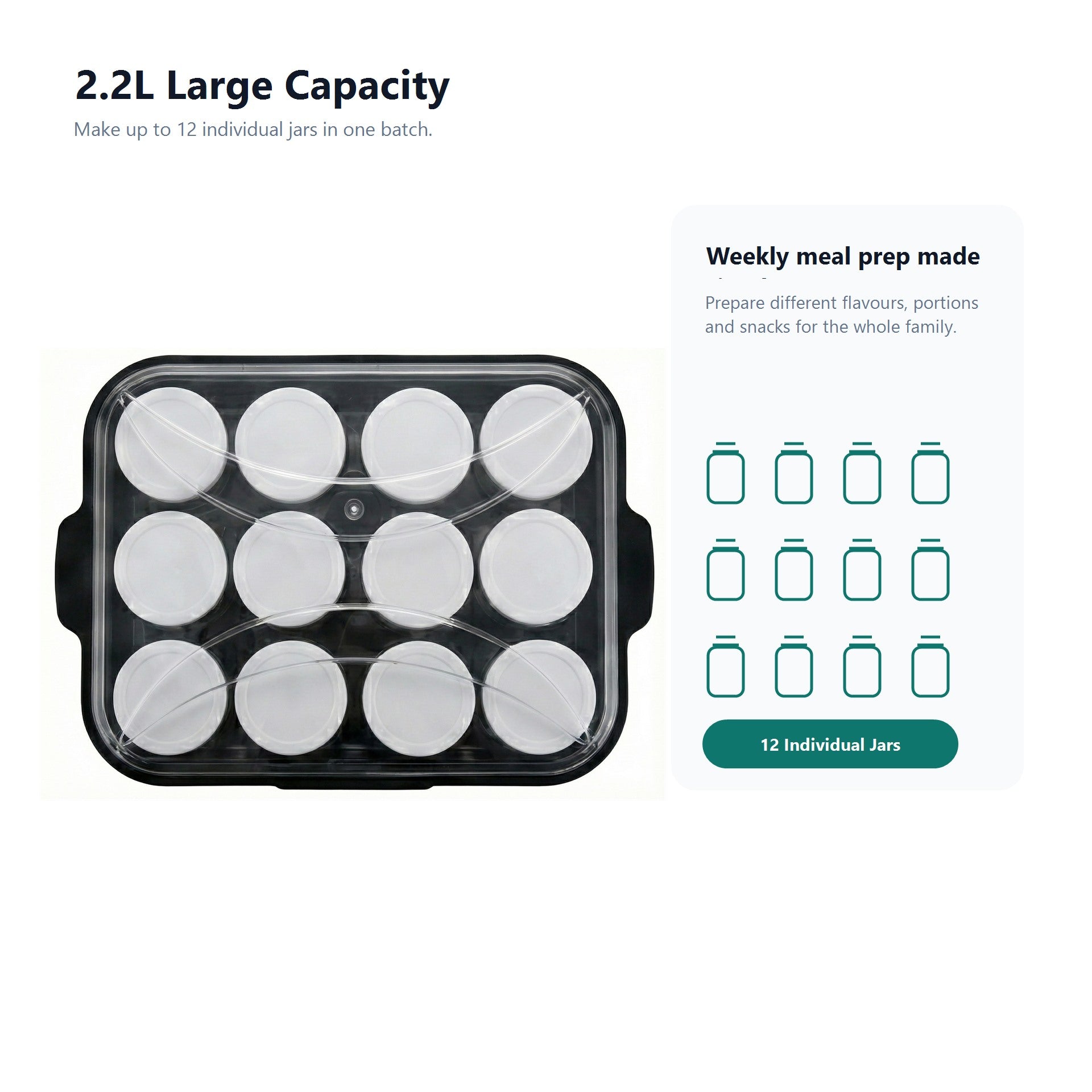 Black tray with 12 white lids labeled for 2.2L large capacity use, on a white background.