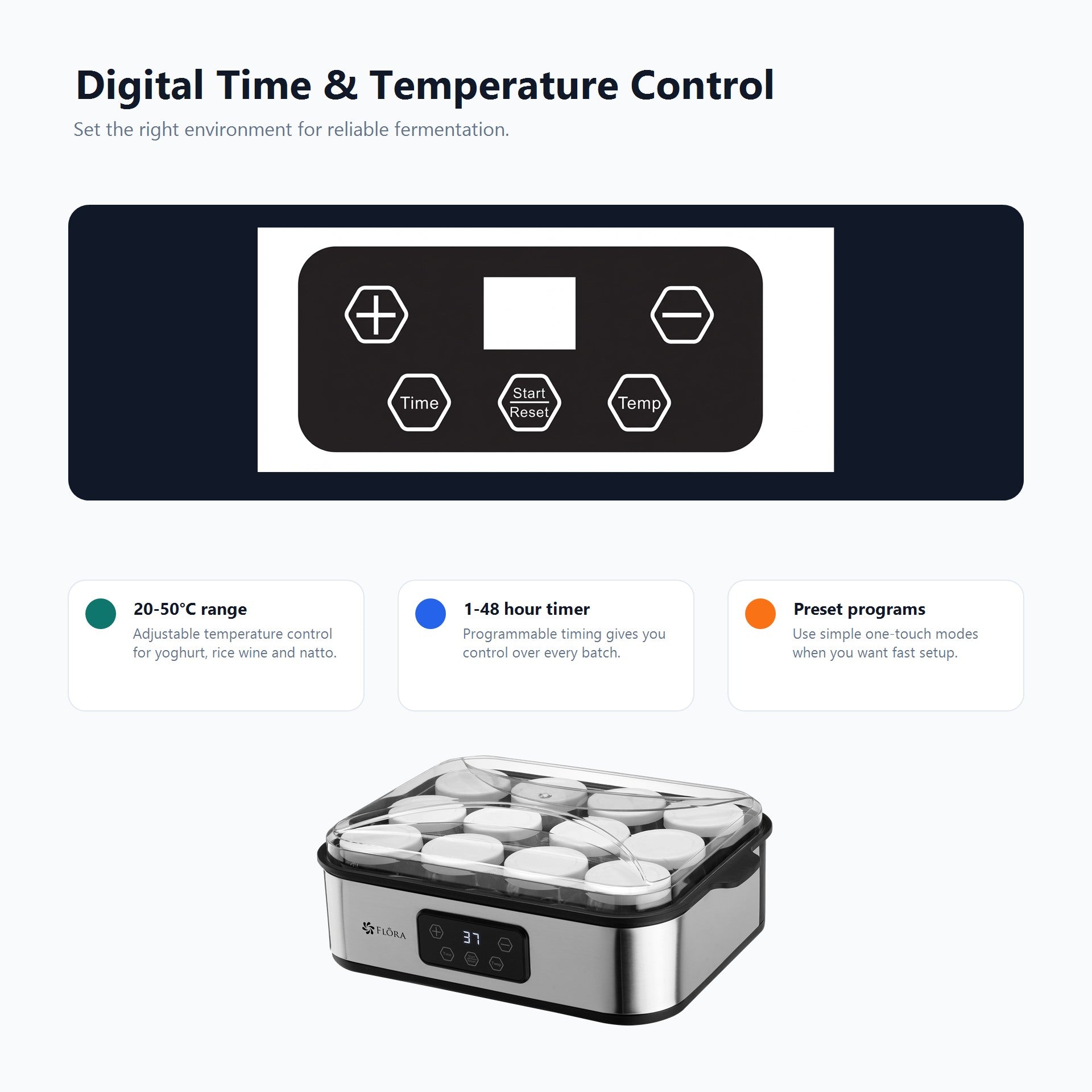 Digital time and temperature control device for fermentation with text on a white background