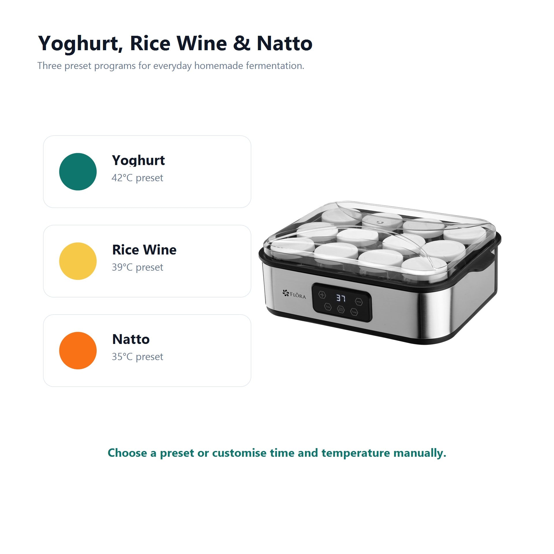 Fermentation device with preset options for Yoghurt, Rice Wine, and Natto on a white background.