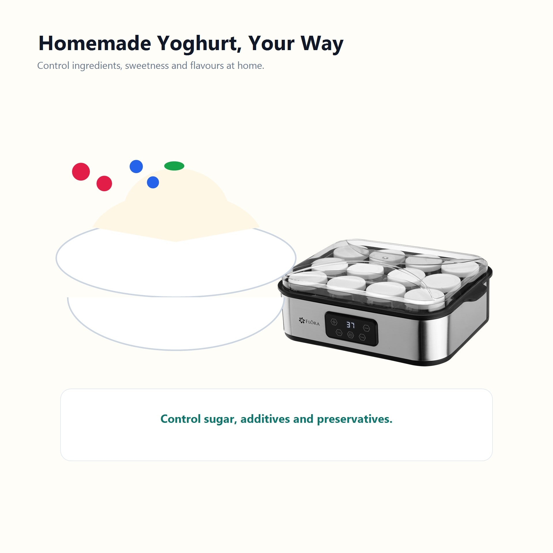 Yogurt maker with control panel on a white background, featuring text about homemade yogurt.