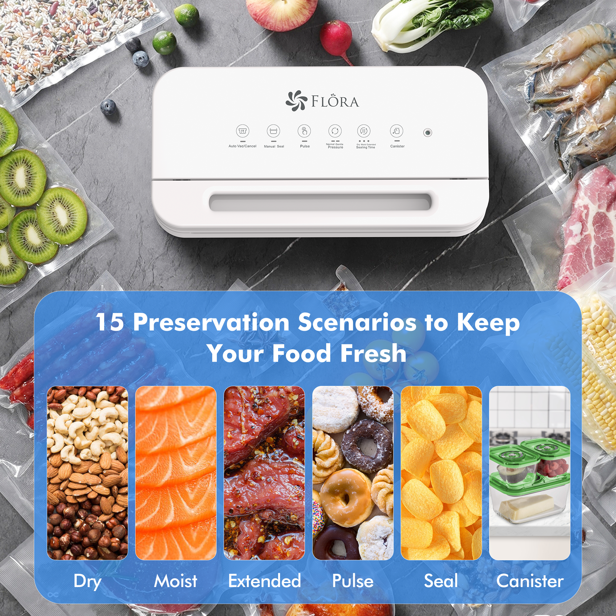 Flora Food Vacuum Sealer Machine-FL-FVS-5199,3-in-1 Dry/Moist/Canister | Pulse Control & Locking Handle System, BPA-Free Precision Sealing with Compact Storage Design for Meat, Meal Prep, Sous Vide