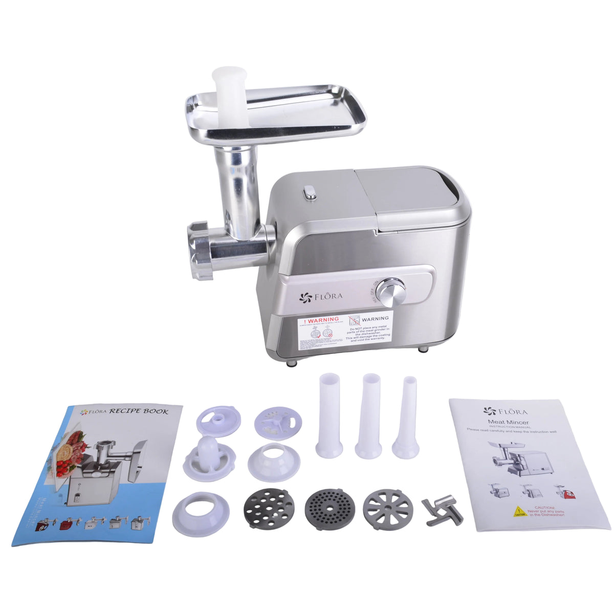 A countertop meat grinder with a stainless steel hopper and motor base, shown with included accessories and printed manuals laid out on a white surface against a white background.