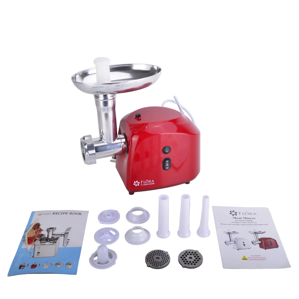 A red electric meat grinder with a stainless steel hopper and metal auger, shown on a white surface with its accessories, instruction booklet, and user manual laid out in front.