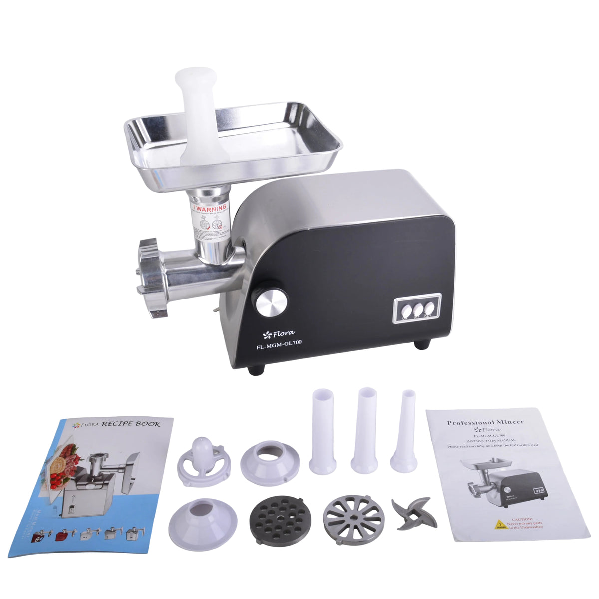 A countertop meat grinder with a black and silver body, shown with its accessories and two instruction manuals laid out on a white surface against a white background.