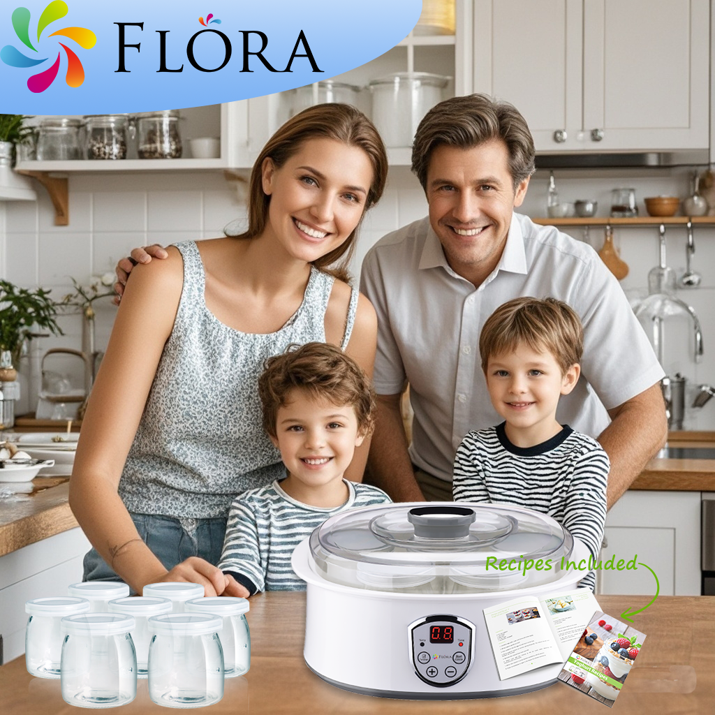 Flora Yoghurt Maker Machine-Electric Automatic Yogurt Making Machine-Large Capacity 1.5L with Natto/Rice Wine Function7 Glass Jars-Home Organic Yogurt Incubator- Fermented Curd Maker-FL-YME-715