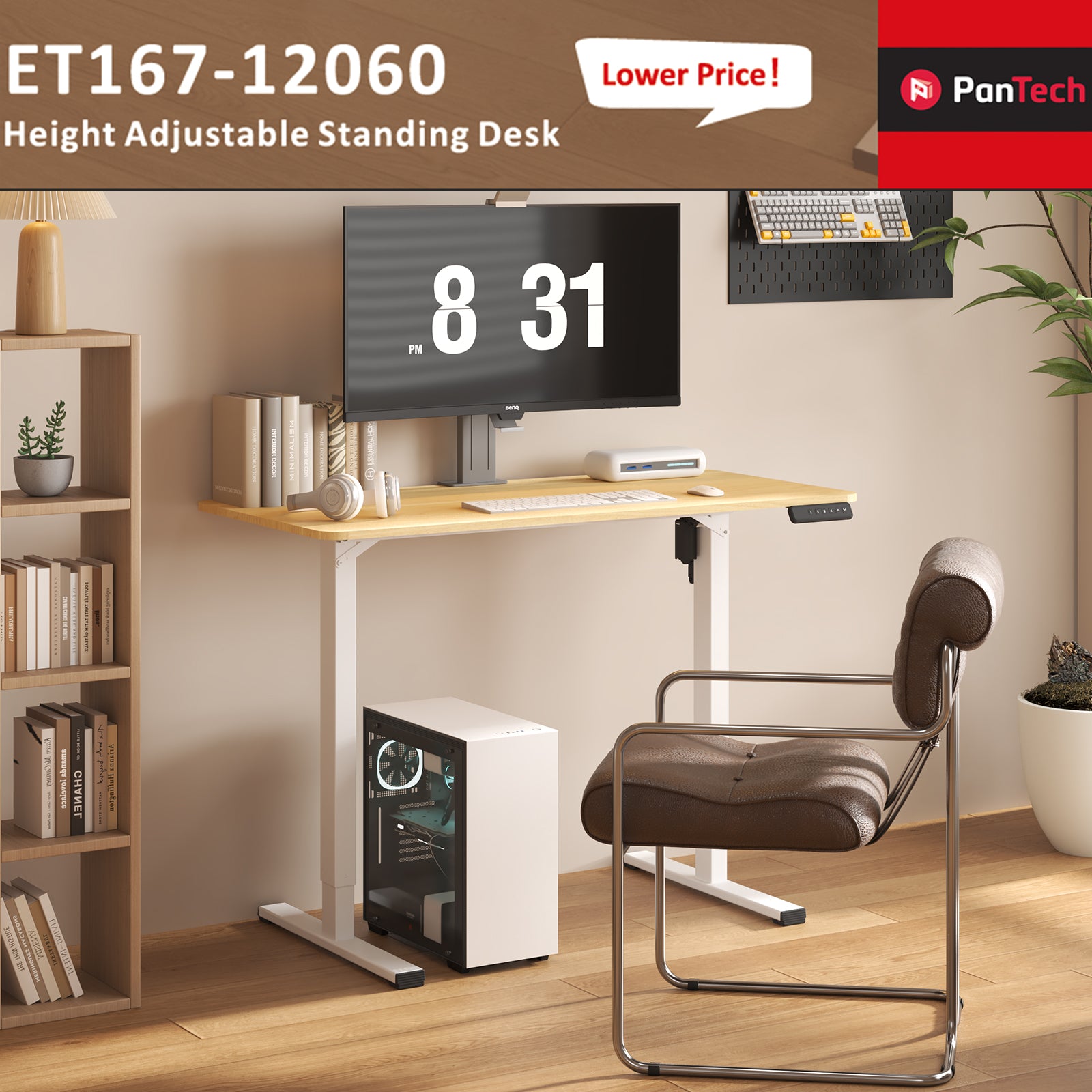 PanTech Standing Desk with Single Motor-Ergonomic Sit-Stand up Desk, 120x60 cm Desktop, Sturdy Steel Frame, Customizable Height (75-110 cm), Ideal for Home Office & Workspaces