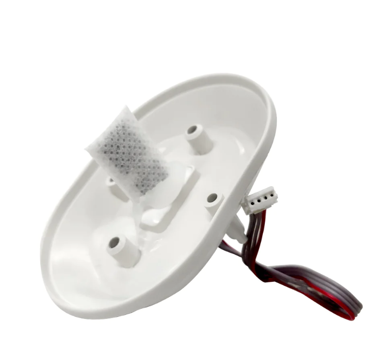 A white PanTech temperature and humidity sensor with a cable attached.