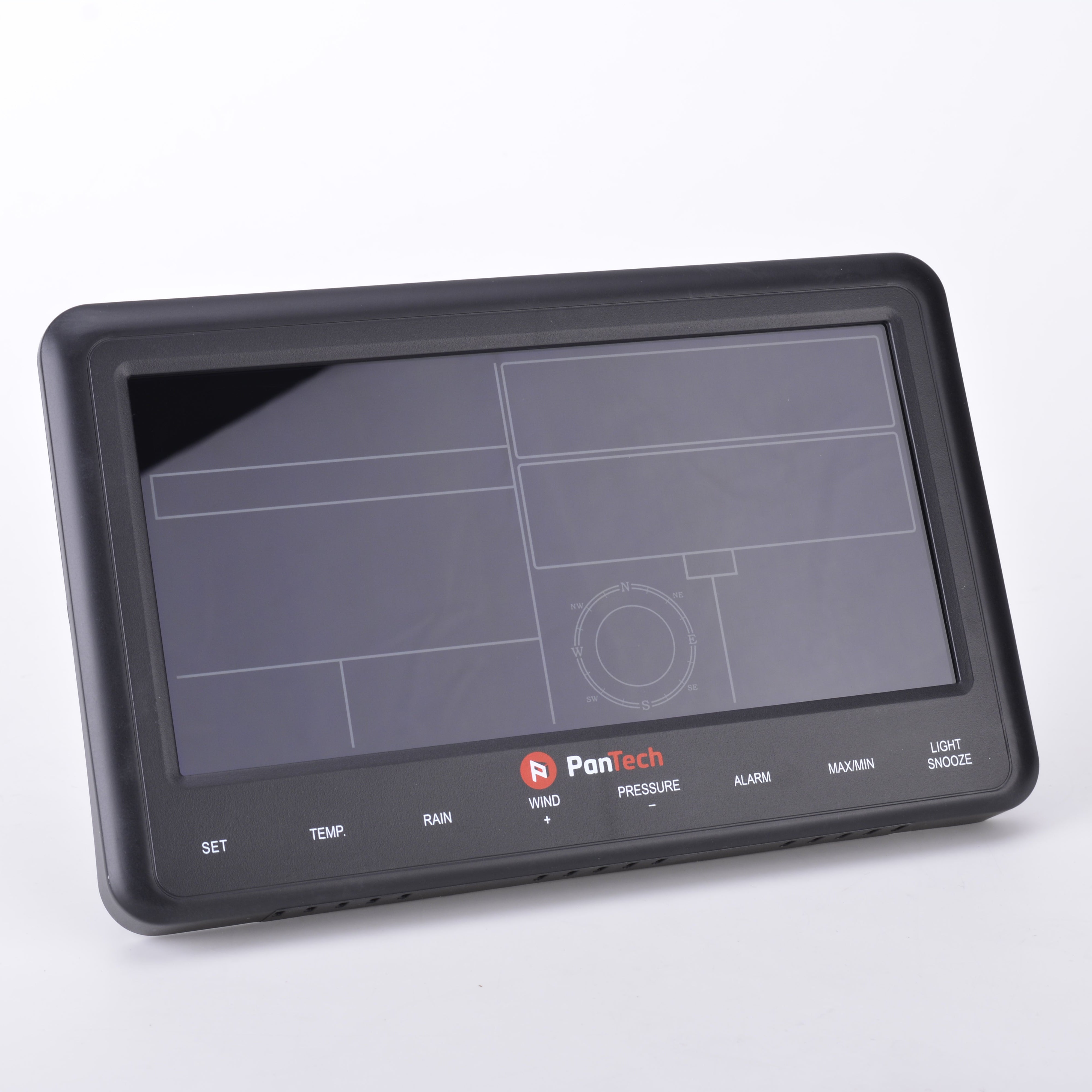 A PanTech weather station console with a large display showing real-time weather data, compatible with PT-WH2900 and PT-WH2950 models.