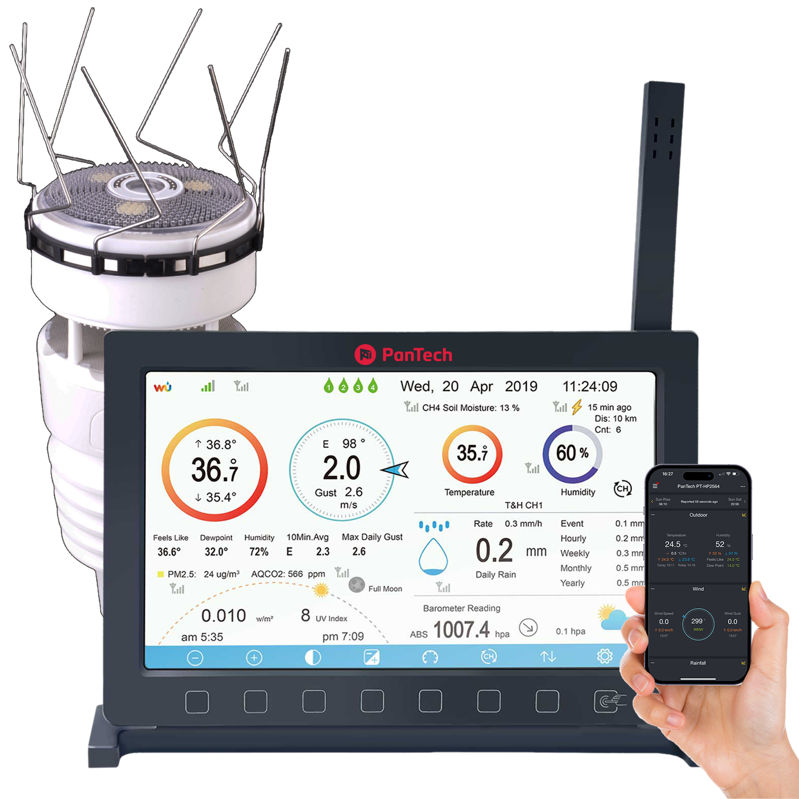 PanTech weather station with a digital display showing temperature, humidity, wind speed, and other weather data. A smartphone is also shown, indicating connectivity for the IoT features of the device.