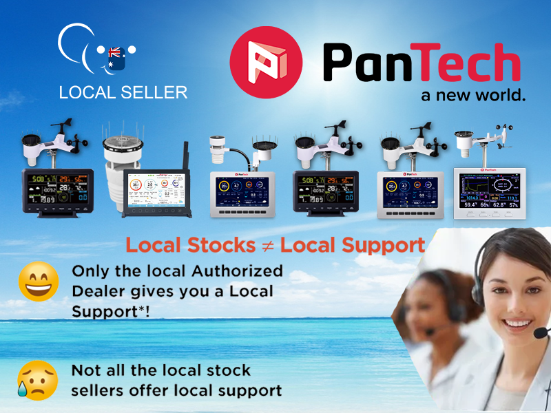 A promotional banner featuring an Australian 'Local Seller' badge and a lineup of six PanTech weather station models against a coastal background. The image includes a customer service representative, reinforcing the message that only a local authorised dealer provides true local support for your purchase.