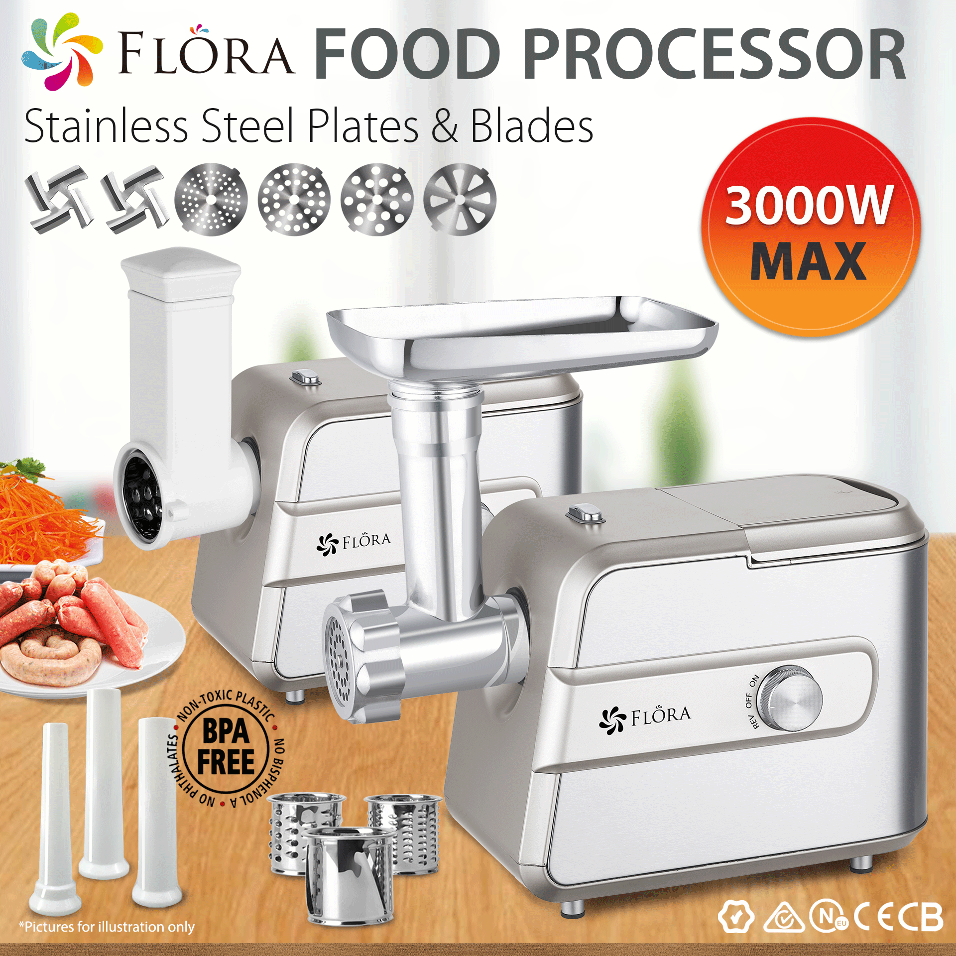 Flora Max 3000W Electric Meat Mincer Sausage Kibbe Maker Slicer Shredder Kit - AU STOCK