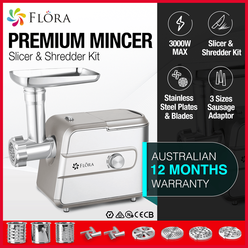 Flora Max 3000W Electric Meat Mincer Sausage Kibbeh Maker Slicer Shredder Kit-Premium Edition-Model: FL-MGM-GT550-AU Stock