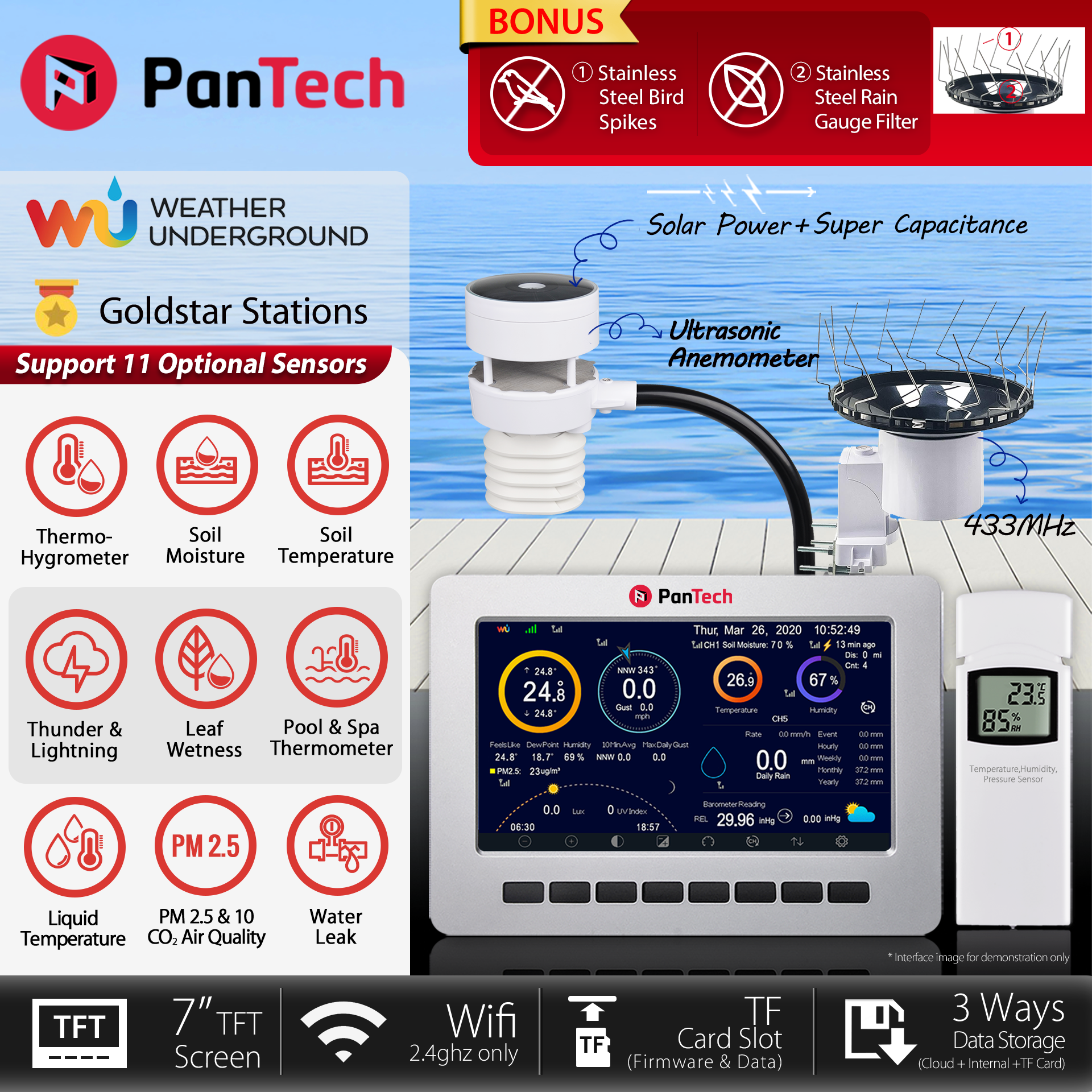 PanTech Weather Station Wireless Australia - Gen 6 IoT- Wifi Ultrasonic-Solar Power-PT-HP2553- AU Stock