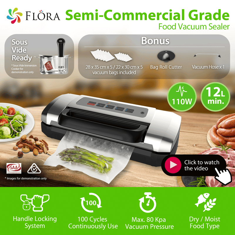 Flora Food Vacuum Sealer Saver Storage Machine Semi- Commercial Grade 110W 80Kpa-Model: FL-FVS-2688- AU Stock