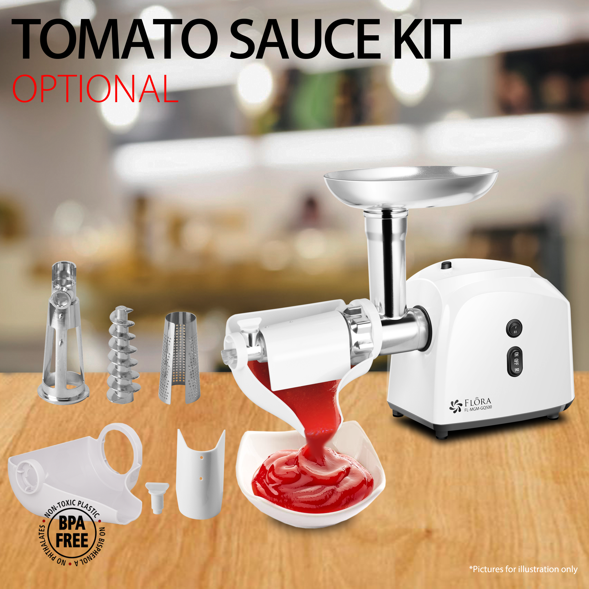 Flora Electric Meat Grinder Tomato Sauce Slicer Shredder PACKAGE