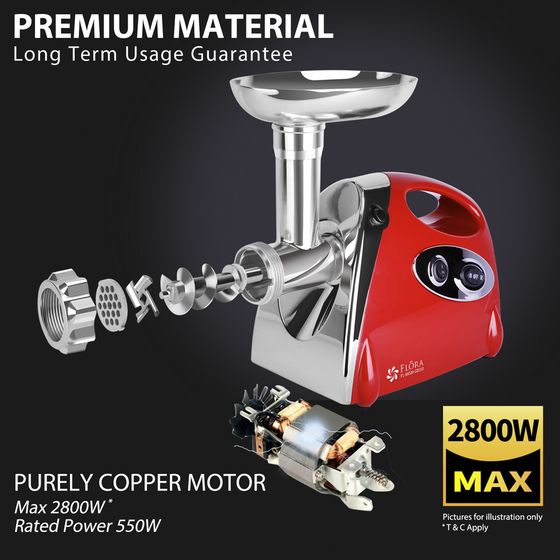 Flora Electric Meat Mincer-Poweful Electric Grinder 2800W -Stainless Steel Blades-Sausage Maker-Model: FL-MGM-Lite Edition-GB550-AU STOCK