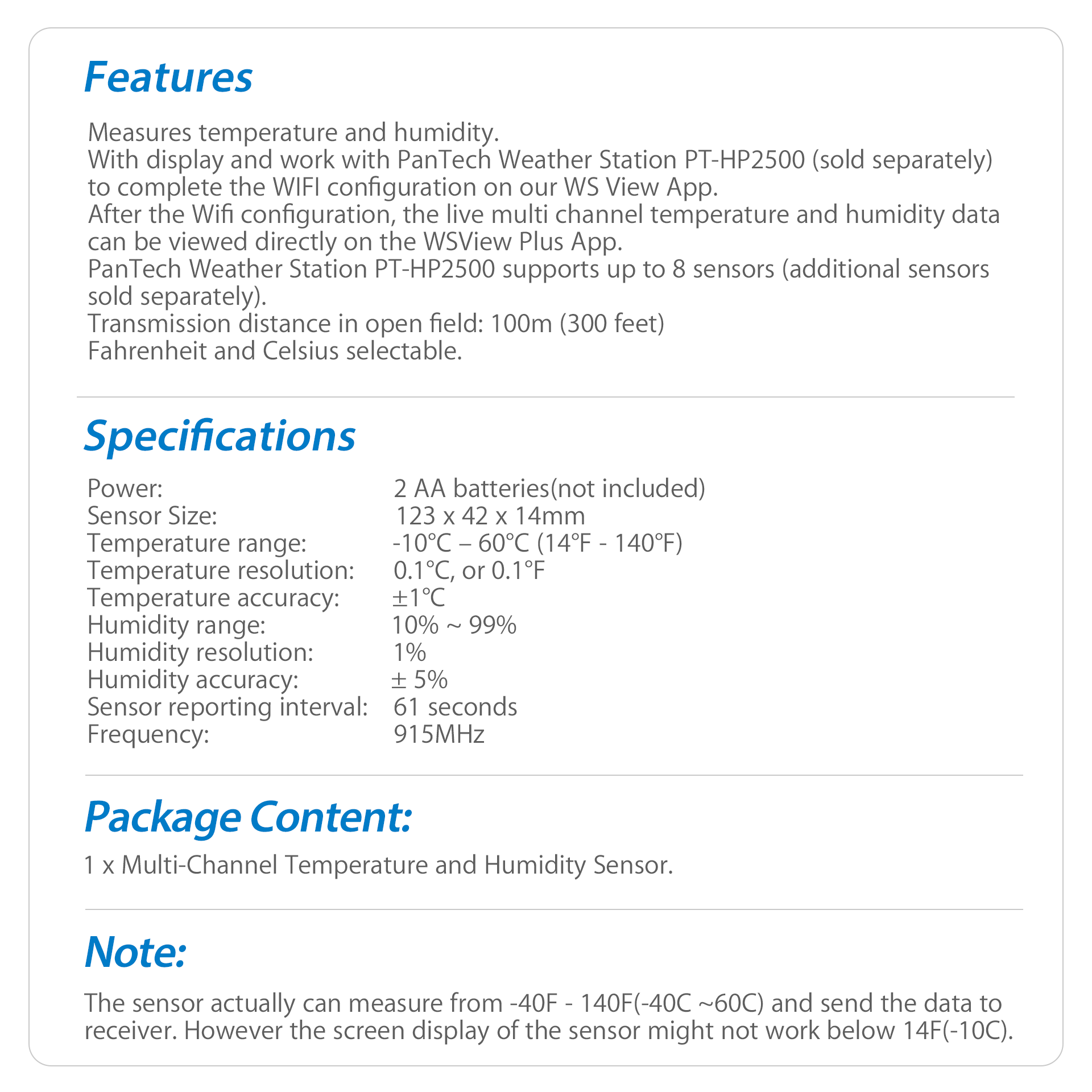 Indoor Thermo Hygrometer design for PanTech Weather station PT HP2500 915MHz -This sensor is only compatible with the PT-HP2500- AU STOCK