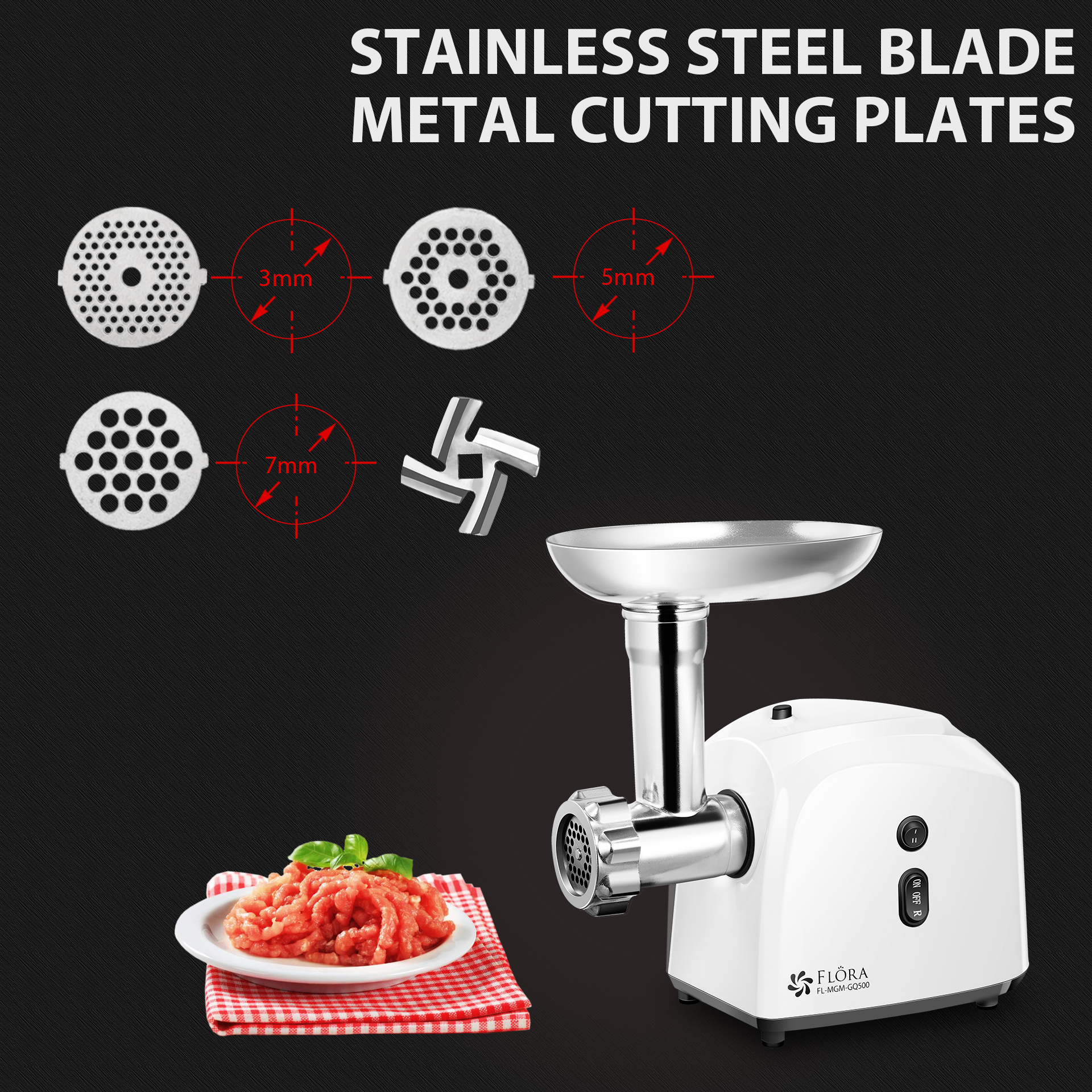 Flora Electric Meat Grinder Tomato Sauce Slicer Shredder PACKAGE