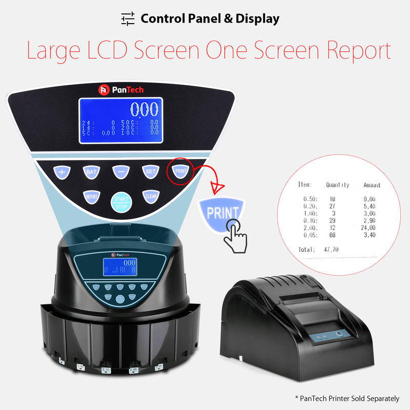 PanTech Australian Coin Sorter with Printing Function- Up to 400 Units/Min-Counting Machine - Money Digital LCD Display - Fast & Accurate Coin Counting - Anti-Jam Function - Large Capacity Hopper