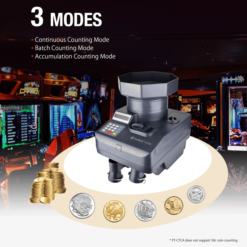 PanTech High-Speed Token Coin Counter Machine with 2300 Coins/Min. Accommodating Thicknesses from 1.0 to 3.5 mm and Diameters ranging from 15 to 35 mm