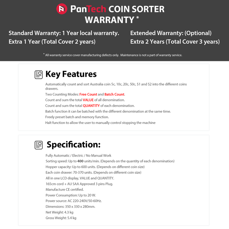 PanTech Australian Coin Sorter with Printing Function- Up to 400 Units/Min-Counting Machine - Money Digital LCD Display - Fast & Accurate Coin Counting - Anti-Jam Function - Large Capacity Hopper