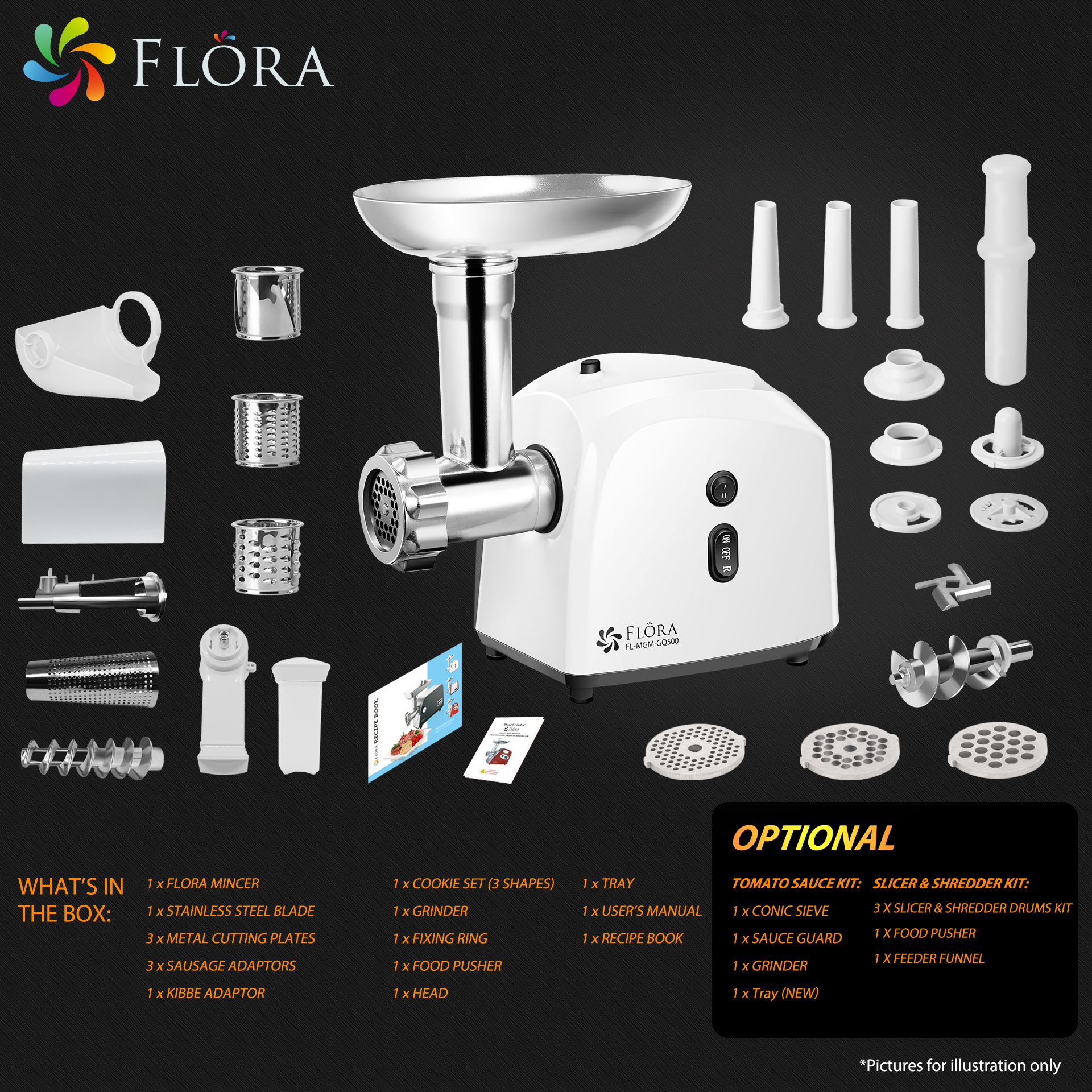 Flora Electric Meat Grinder Tomato Sauce Slicer Shredder PACKAGE