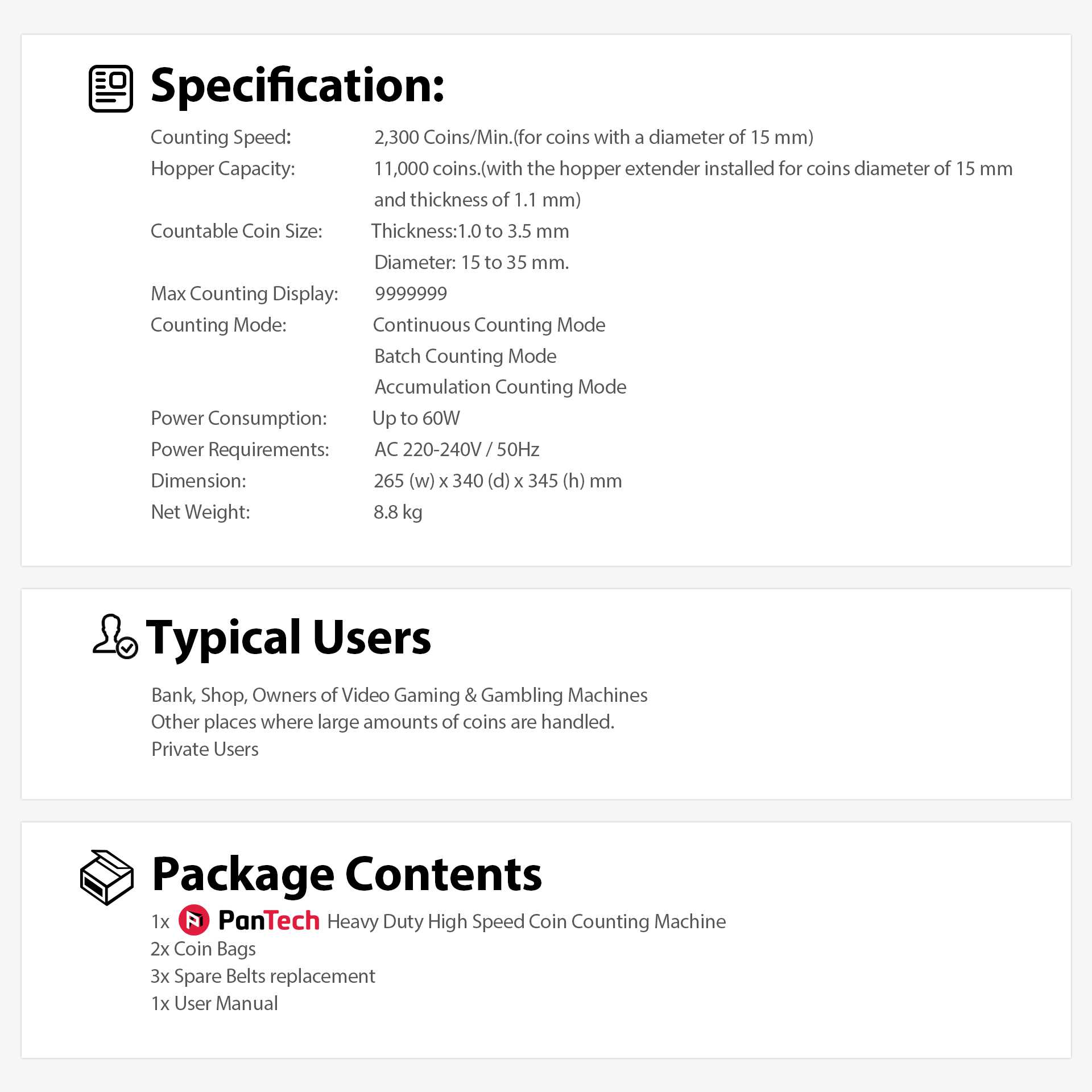 PanTech High-Speed Token Coin Counter Machine with 2300 Coins/Min. Accommodating Thicknesses from 1.0 to 3.5 mm and Diameters ranging from 15 to 35 mm