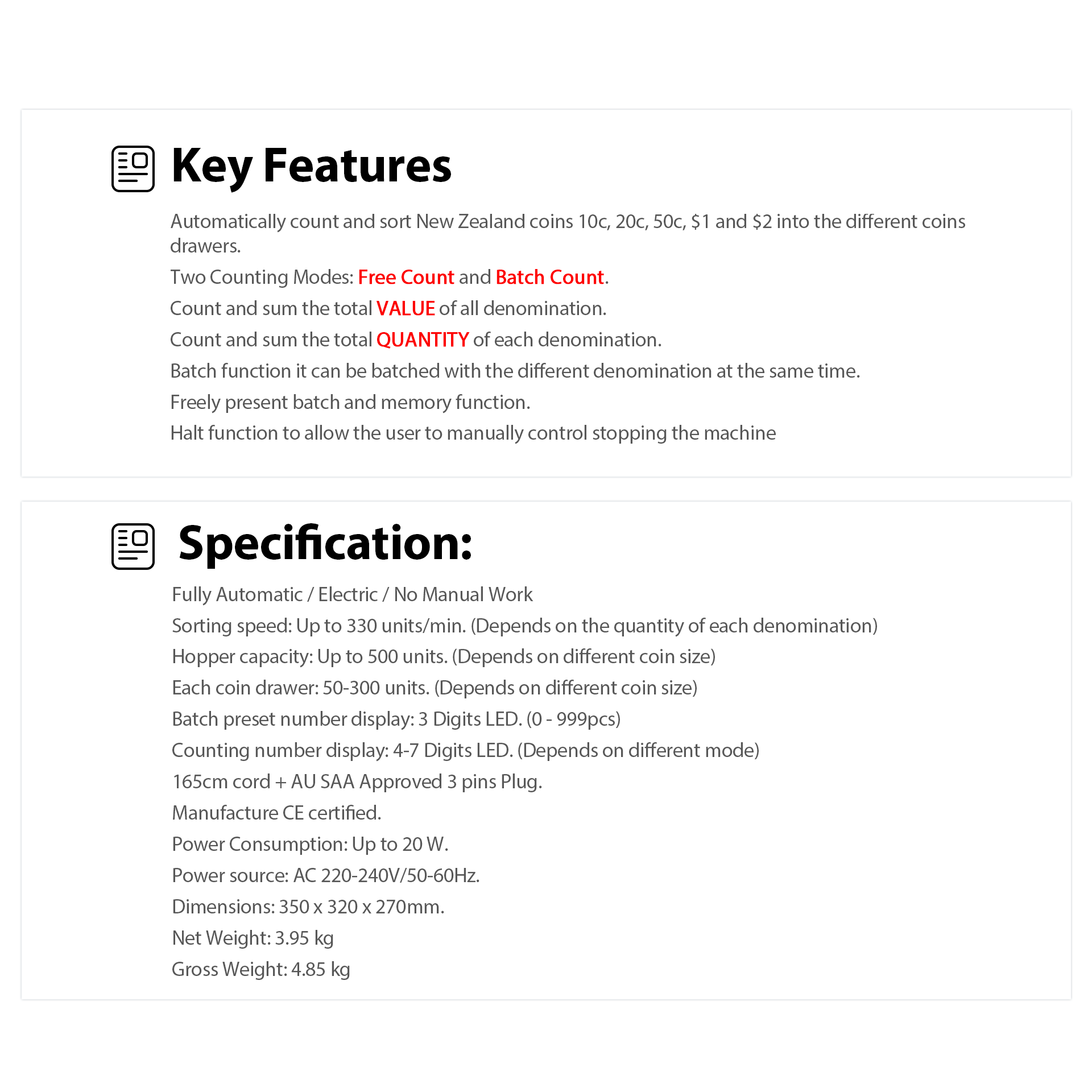 PanTech New Zealand NZ Coin Sorter Counter Automatic Electronic Counting Machine