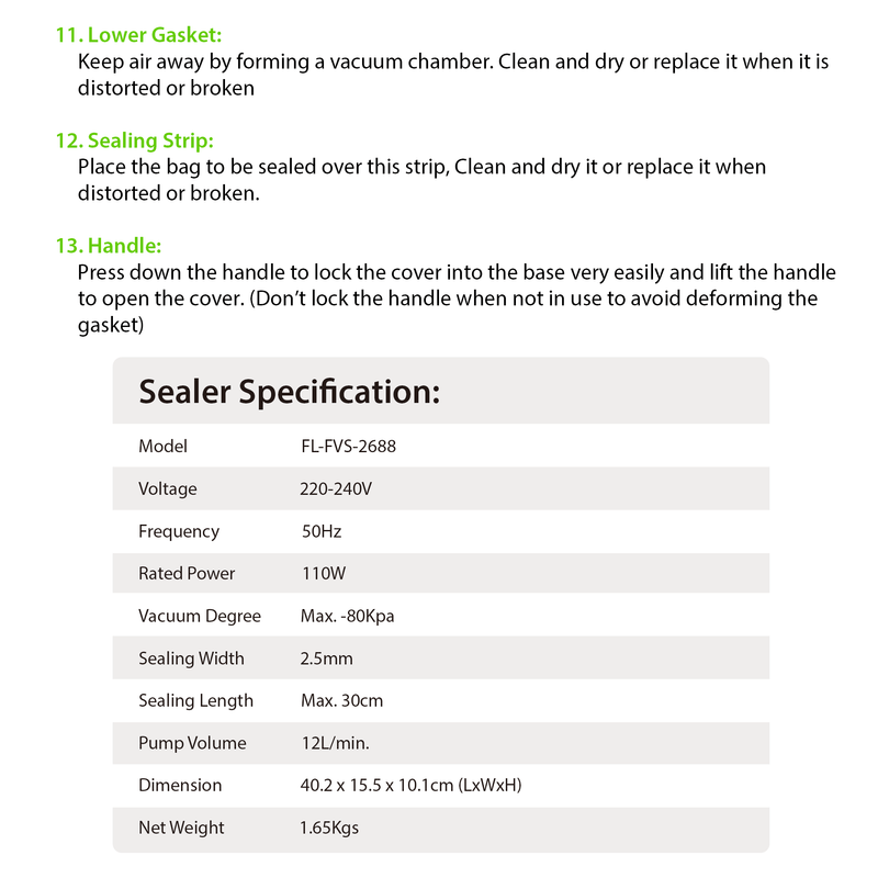Flora Food Vacuum Sealer Saver Storage Machine Semi- Commercial Grade 110W 80Kpa-Model: FL-FVS-2688- AU Stock