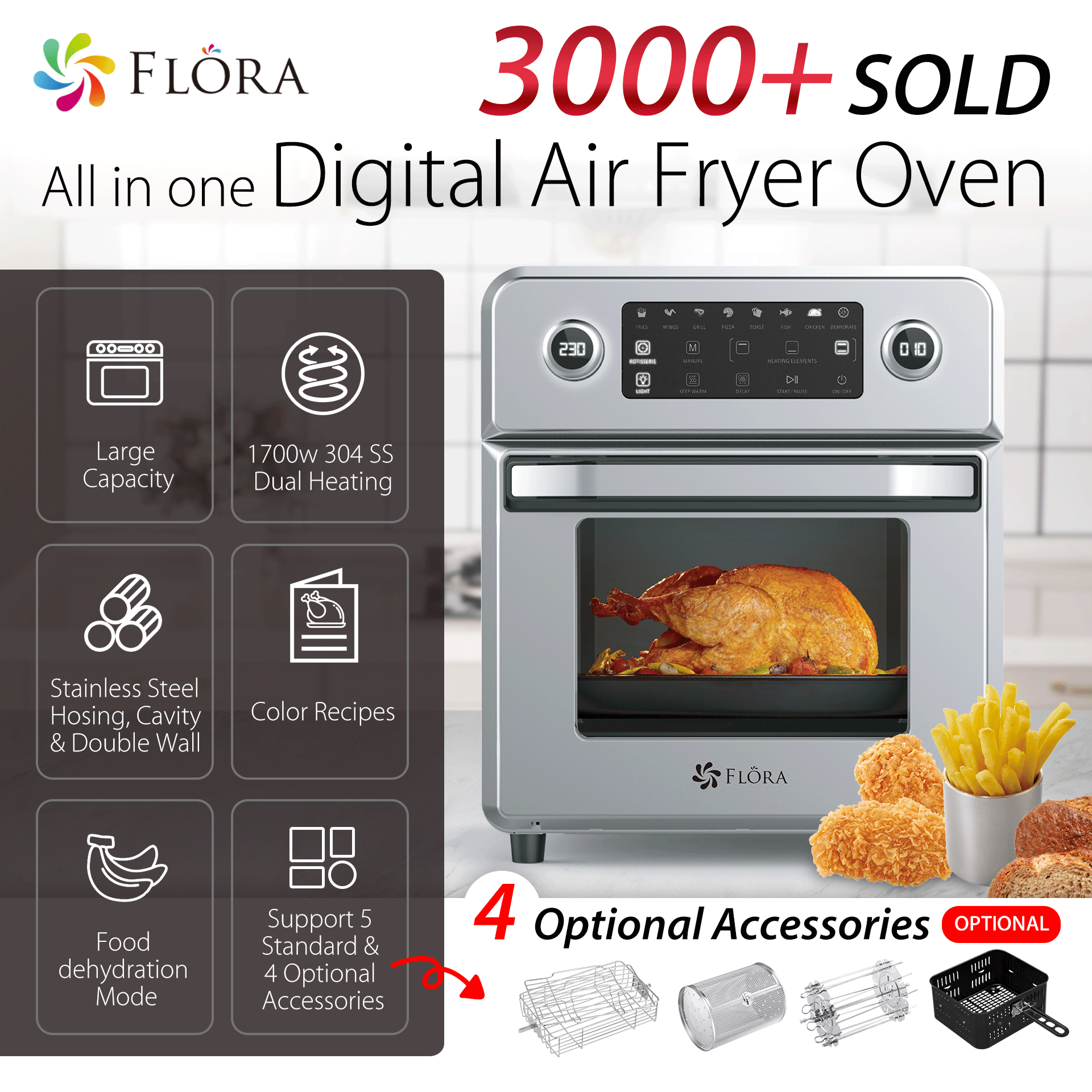 Flöra digital air fryer oven in stainless steel with a digital control panel, shown with a roasted chicken inside and promotional text highlighting features and included accessories.