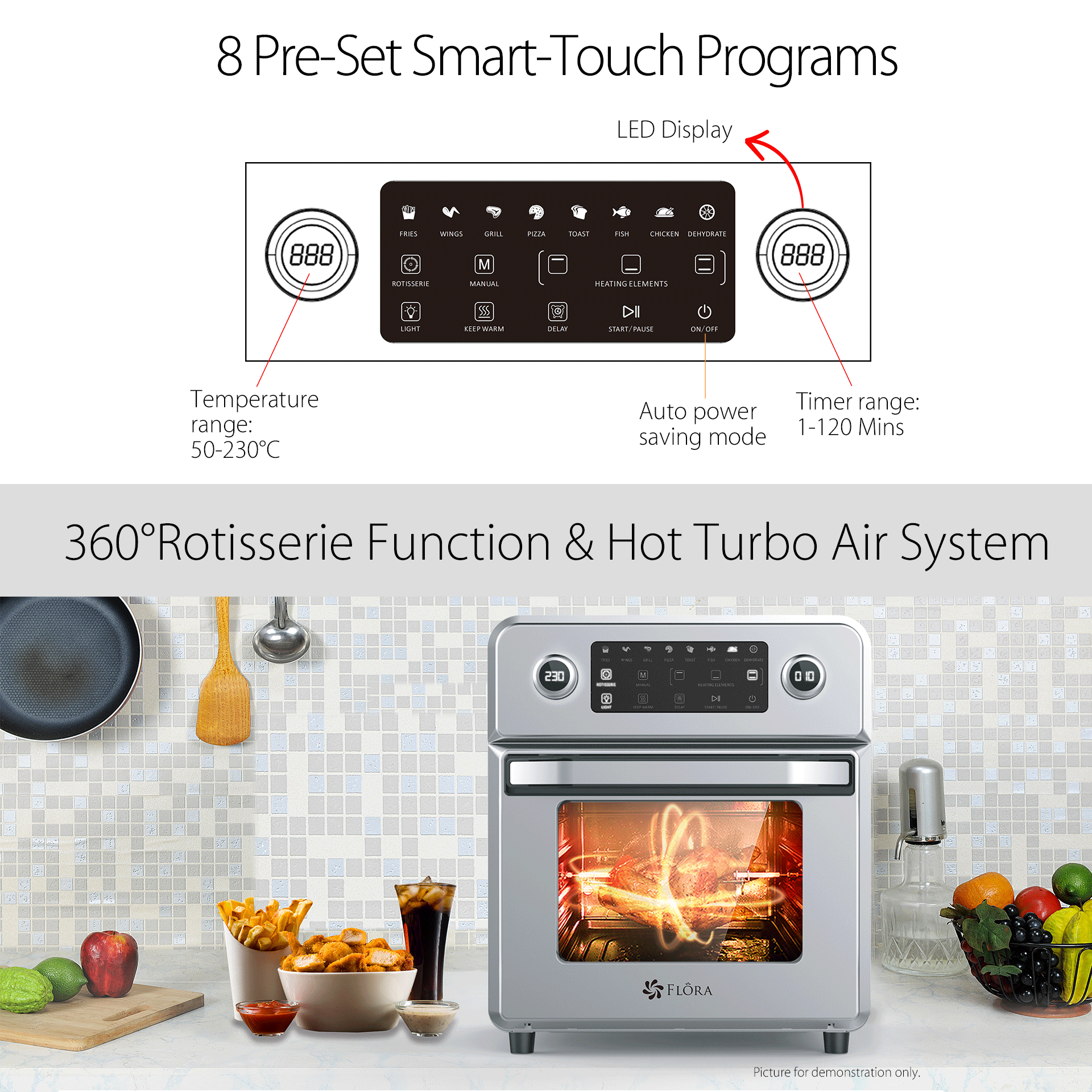 An infographic-style product listing image for a countertop convection oven/microwave. The top half shows feature callouts with a simplified control panel diagram: 8 preset smart-touch programs, LED display, temperature range 50-300°C, auto power saving mode, and timer range 1-120 mins.