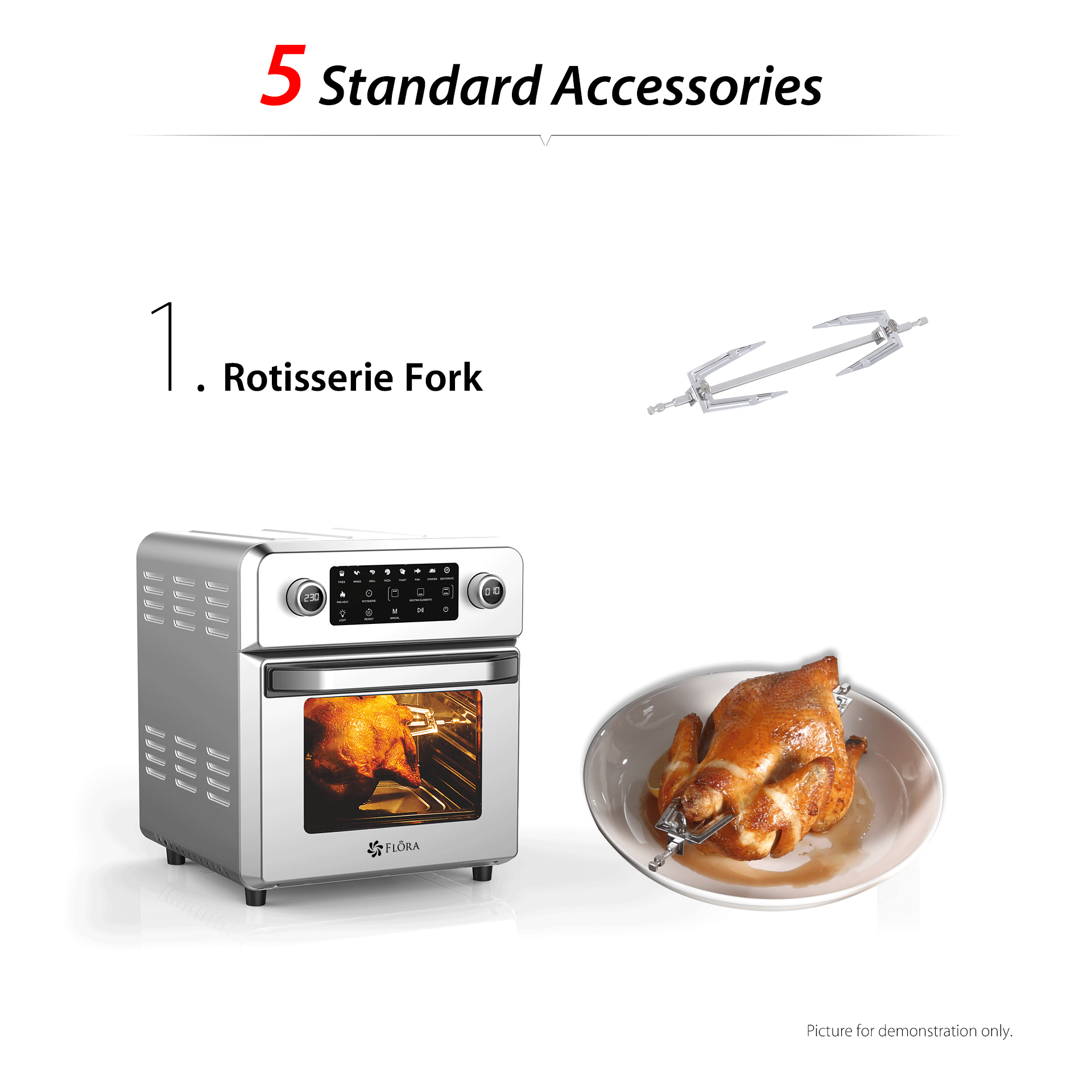 An air fryer oven accessory listing showing a stainless steel rotisserie fork and a roasted chicken on a plate demonstrating use. Text reads '5 Standard Accessories' and '1.