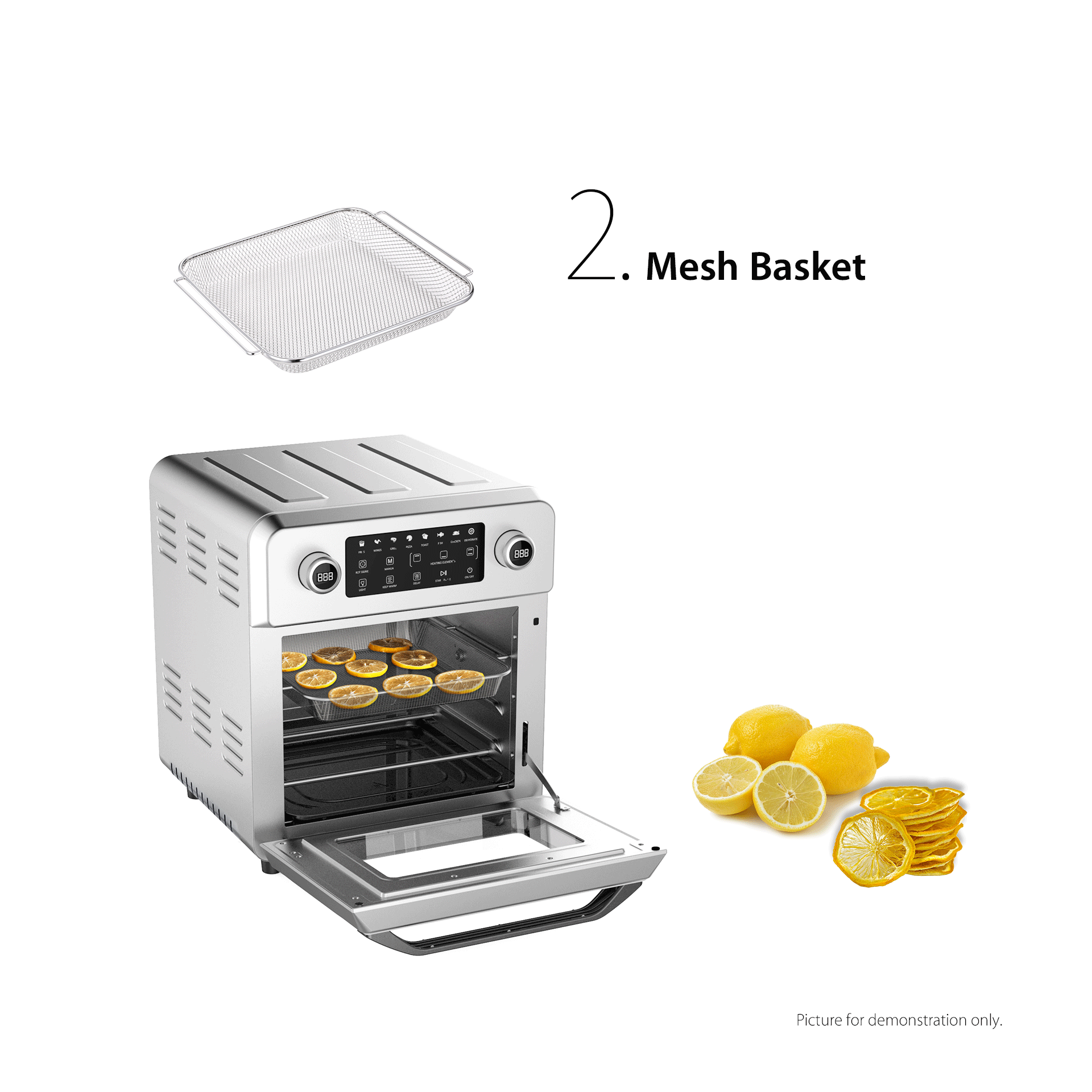 A stainless steel air fryer with its door open, shown alongside a clear mesh basket and lemons on a white background, with text reading '2. Mesh Basket' and a small note saying 'Picture for demonstration only.
