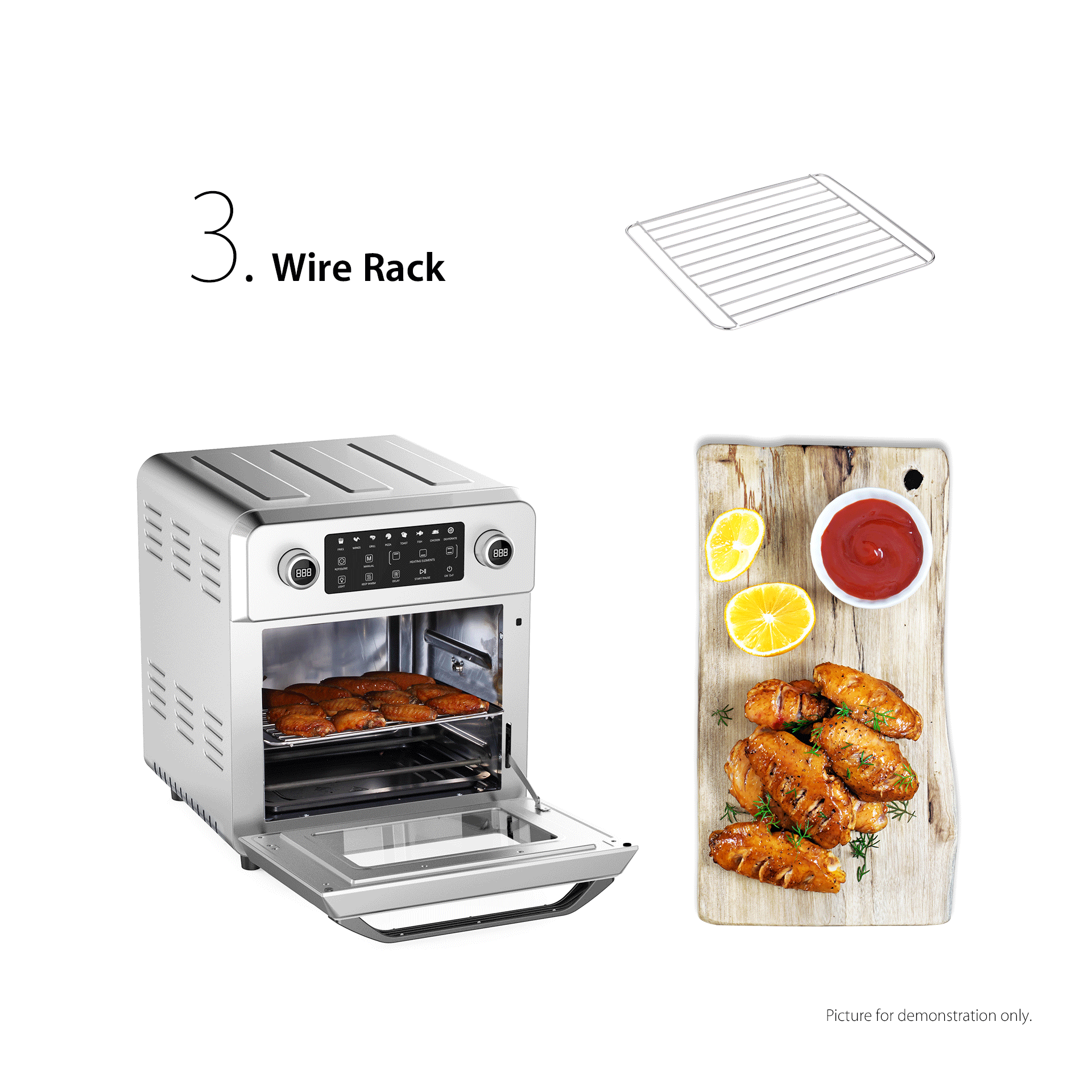 A product demonstration graphic showing a stainless steel air fryer with its door open, a wire rack accessory at the top right, and a phone case printed with a food photo on the back at the bottom right. Text reads '3.