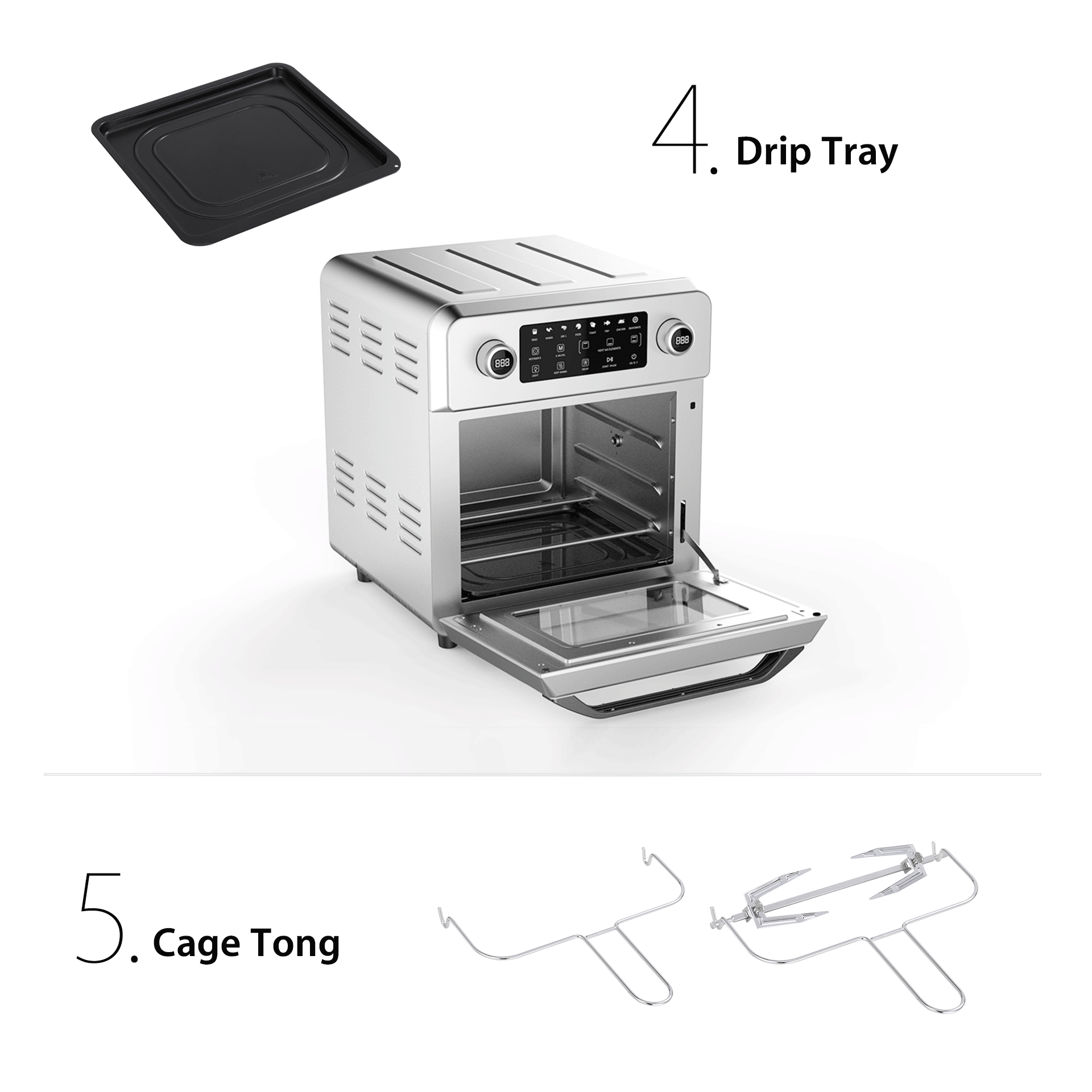 A stainless steel countertop oven with its door open, shown on a white background with labeled accessories: a black drip tray at the top and two metal cage tong tools at the bottom. Text reads '4.
