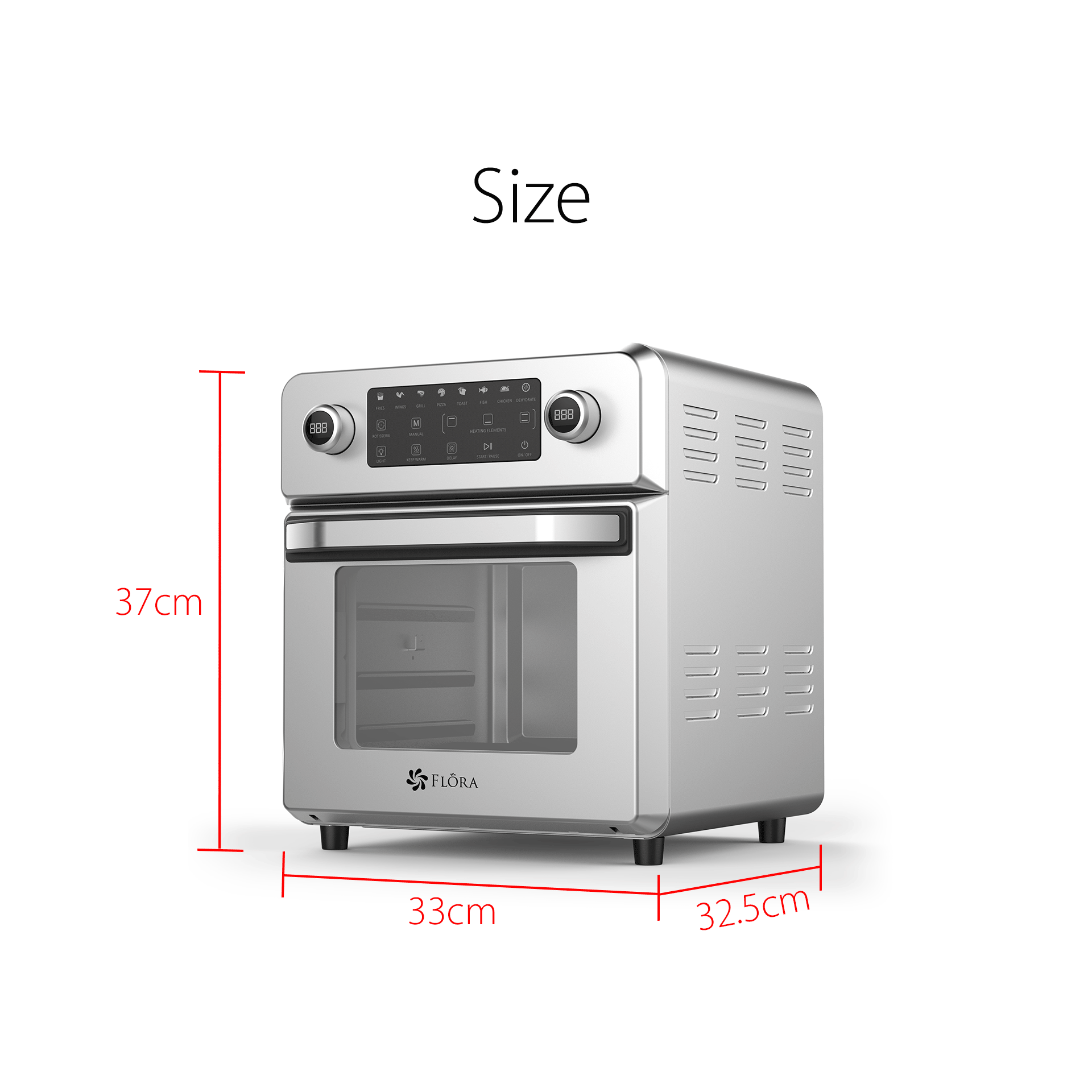 A stainless steel countertop oven with red dimension lines and text showing its size as 37cm in height, 33cm in width, and 32.5cm in depth, on a plain white background.
