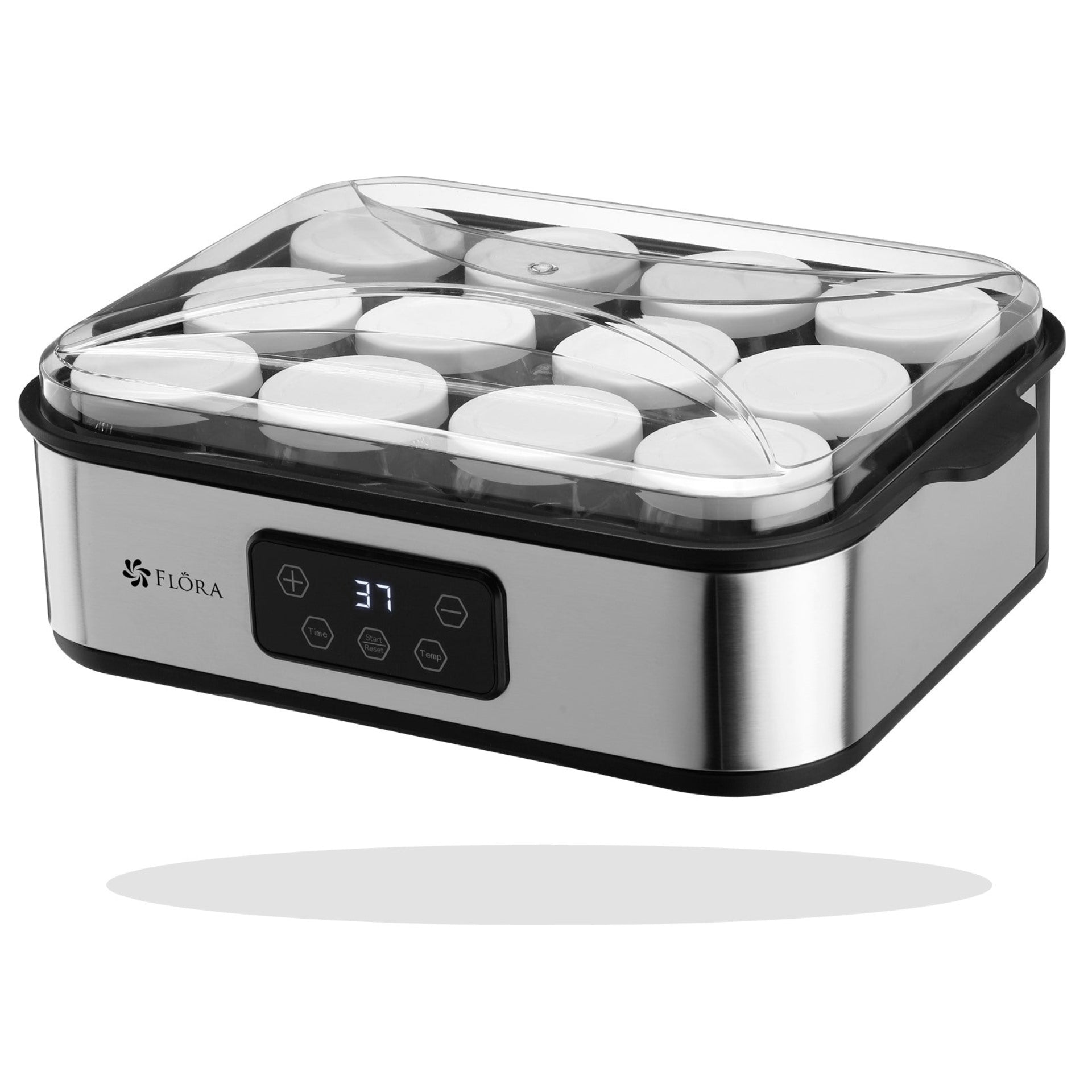 Flora yoghurt maker with digital display on a white background