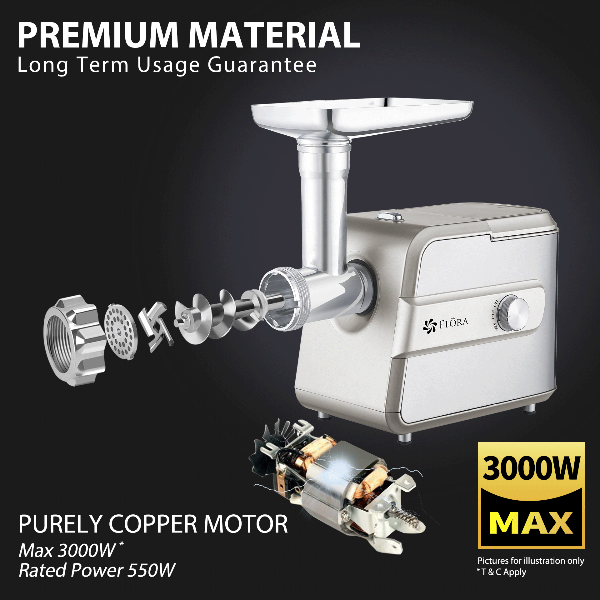 Flora Max 3000W Electric Meat Mincer-Sausage Filler Stuffer-Kibbeh Maker Machine-Premium Edition-Model Number:MGM-GT550-AU Stock