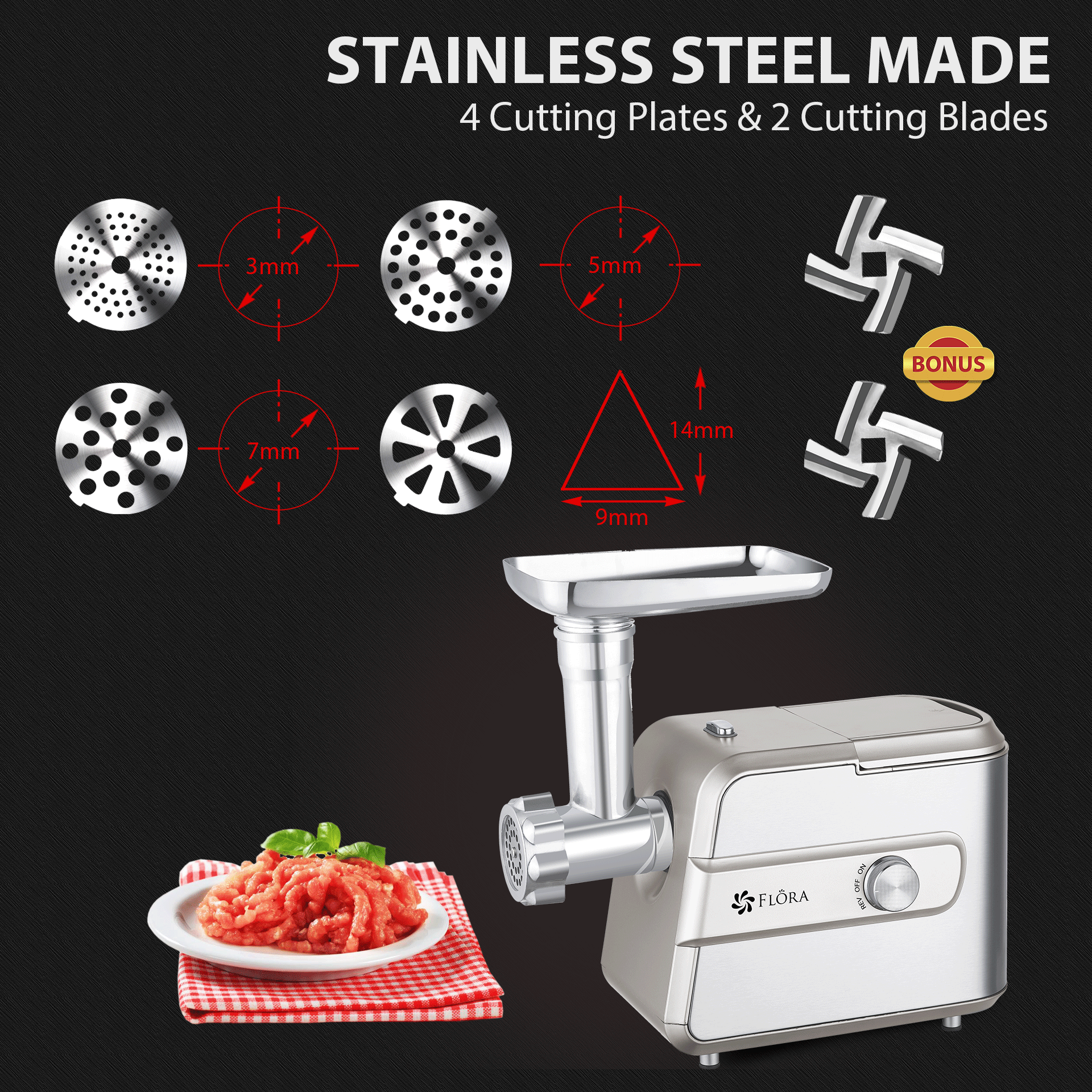 Flora Max 3000W Electric Meat Mincer-Sausage Filler Stuffer-Kibbeh Maker Machine-Premium Edition-Model Number:MGM-GT550-AU Stock