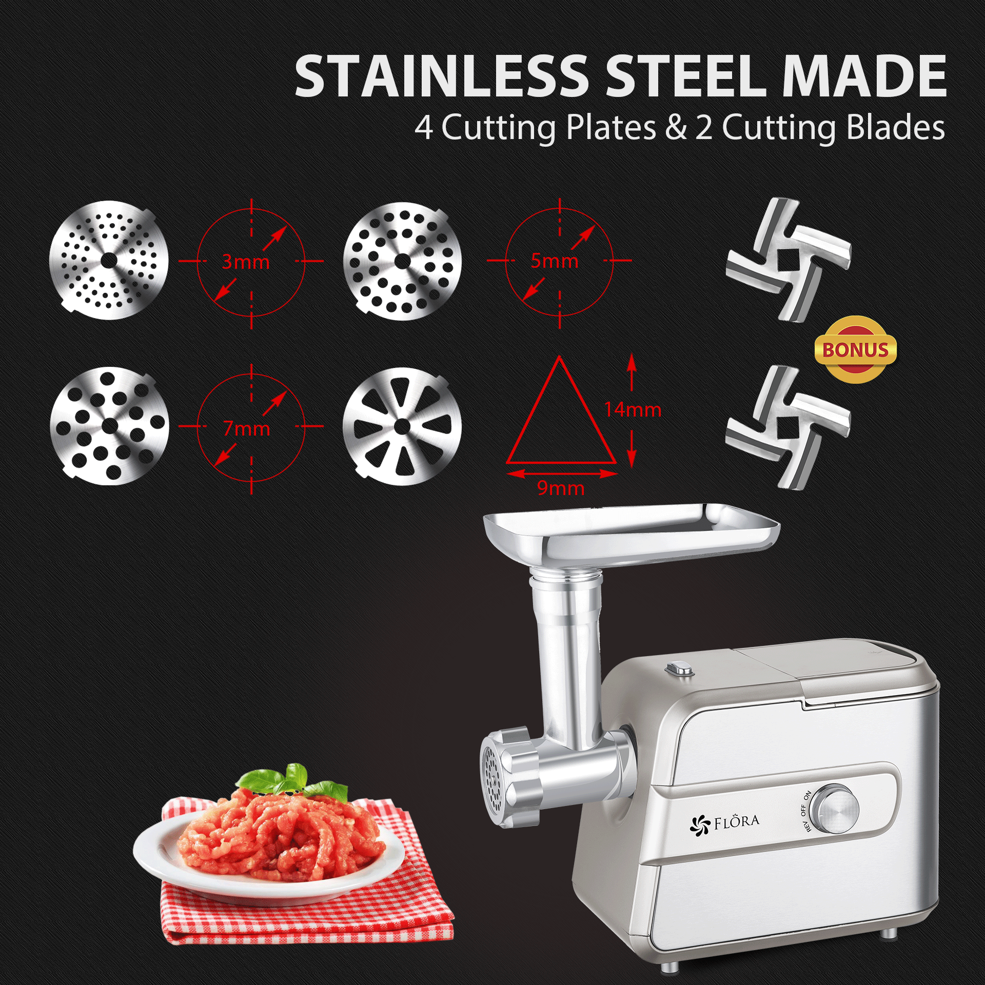 Flora Max 3000W Electric Meat Mincer Sausage Filler Kibbe Maker Tomato Sauce Kit-Premium Edition-Model: FL-MGM-GT550-AU Stock