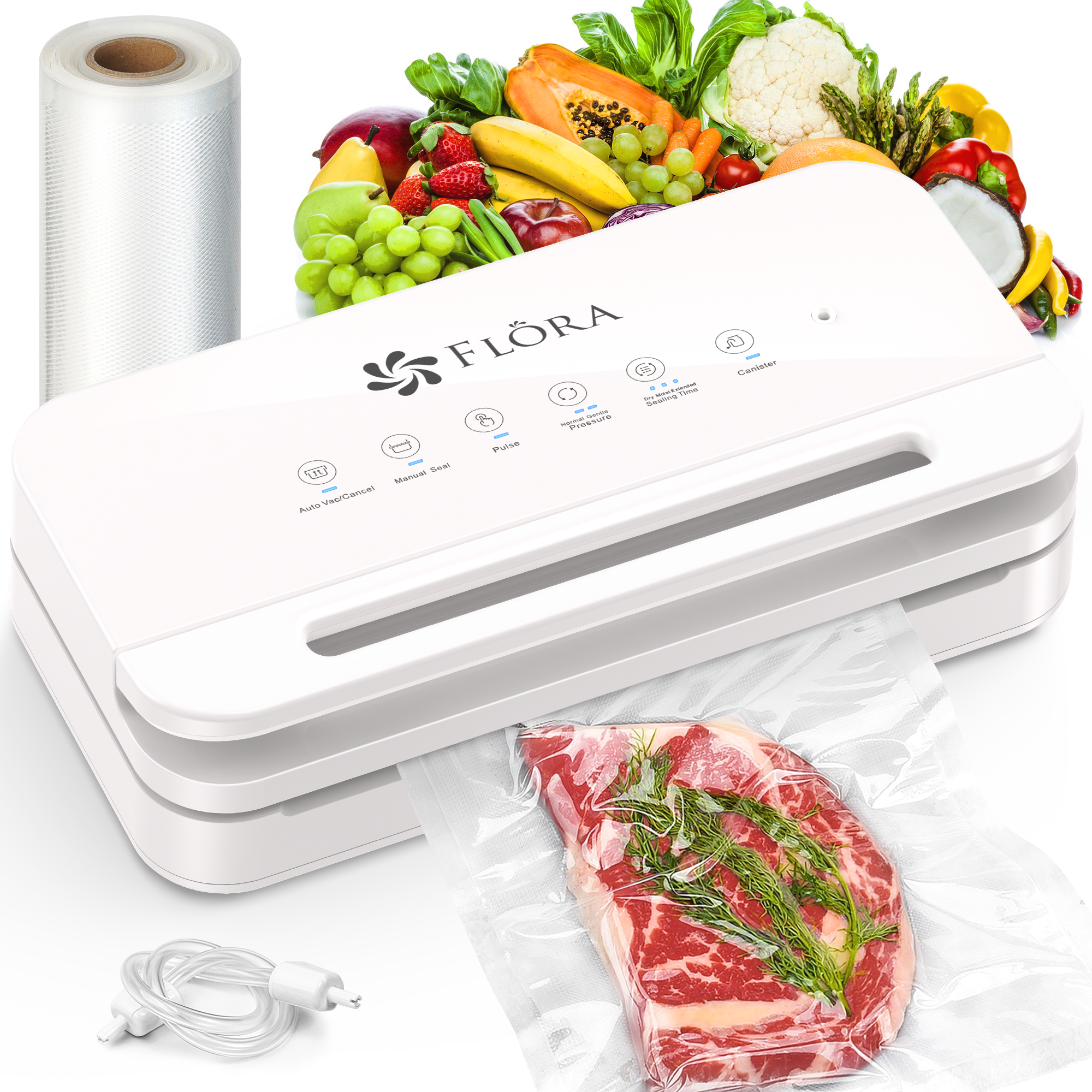 Flora Food Vacuum Sealer Machine-FL-FVS-5199,3-in-1 Dry/Moist/Canister | Pulse Control & Locking Handle System, BPA-Free Precision Sealing with Compact Storage Design for Meat, Meal Prep, Sous Vide