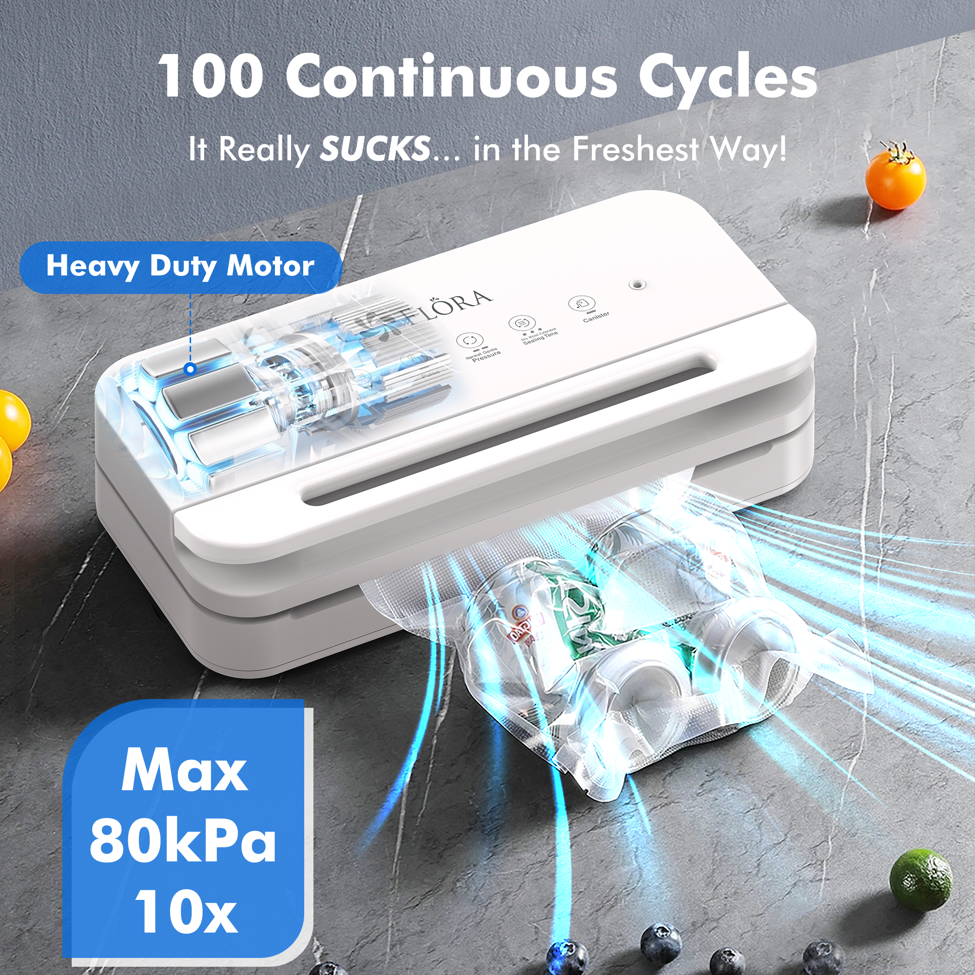 Flora Food Vacuum Sealer Machine-FL-FVS-5199,3-in-1 Dry/Moist/Canister | Pulse Control & Locking Handle System, BPA-Free Precision Sealing with Compact Storage Design for Meat, Meal Prep, Sous Vide