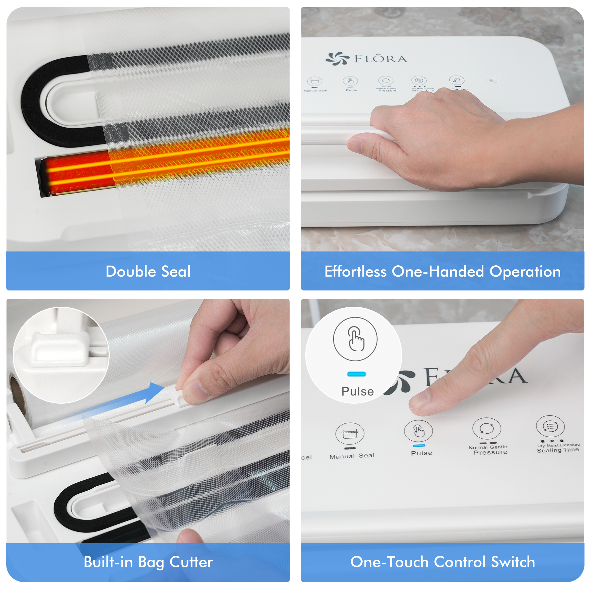 Flora Food Vacuum Sealer Machine-FL-FVS-5199,3-in-1 Dry/Moist/Canister | Pulse Control & Locking Handle System, BPA-Free Precision Sealing with Compact Storage Design for Meat, Meal Prep, Sous Vide