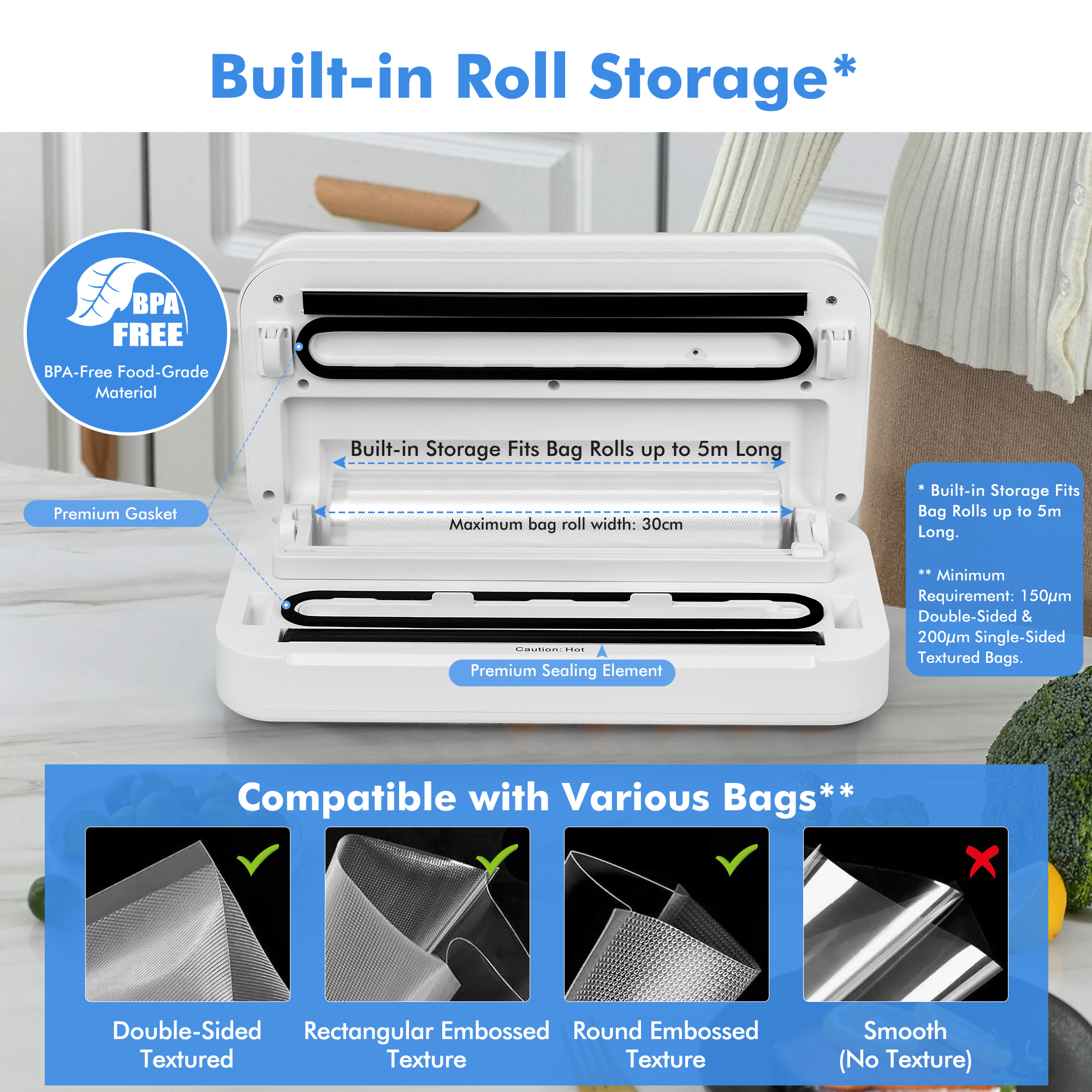 Flora Food Vacuum Sealer Machine-FL-FVS-5199,3-in-1 Dry/Moist/Canister | Pulse Control & Locking Handle System, BPA-Free Precision Sealing with Compact Storage Design for Meat, Meal Prep, Sous Vide